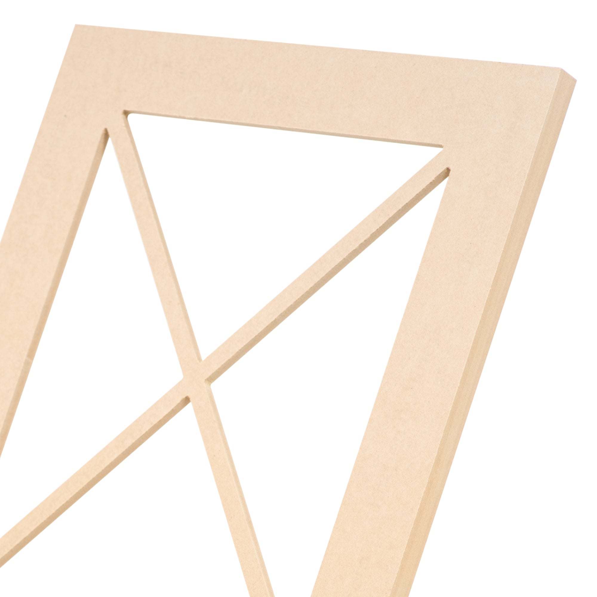 Close-up side angle of Double X mullion cabinet door frame in MDF, showing detailed divider craftsmanship.