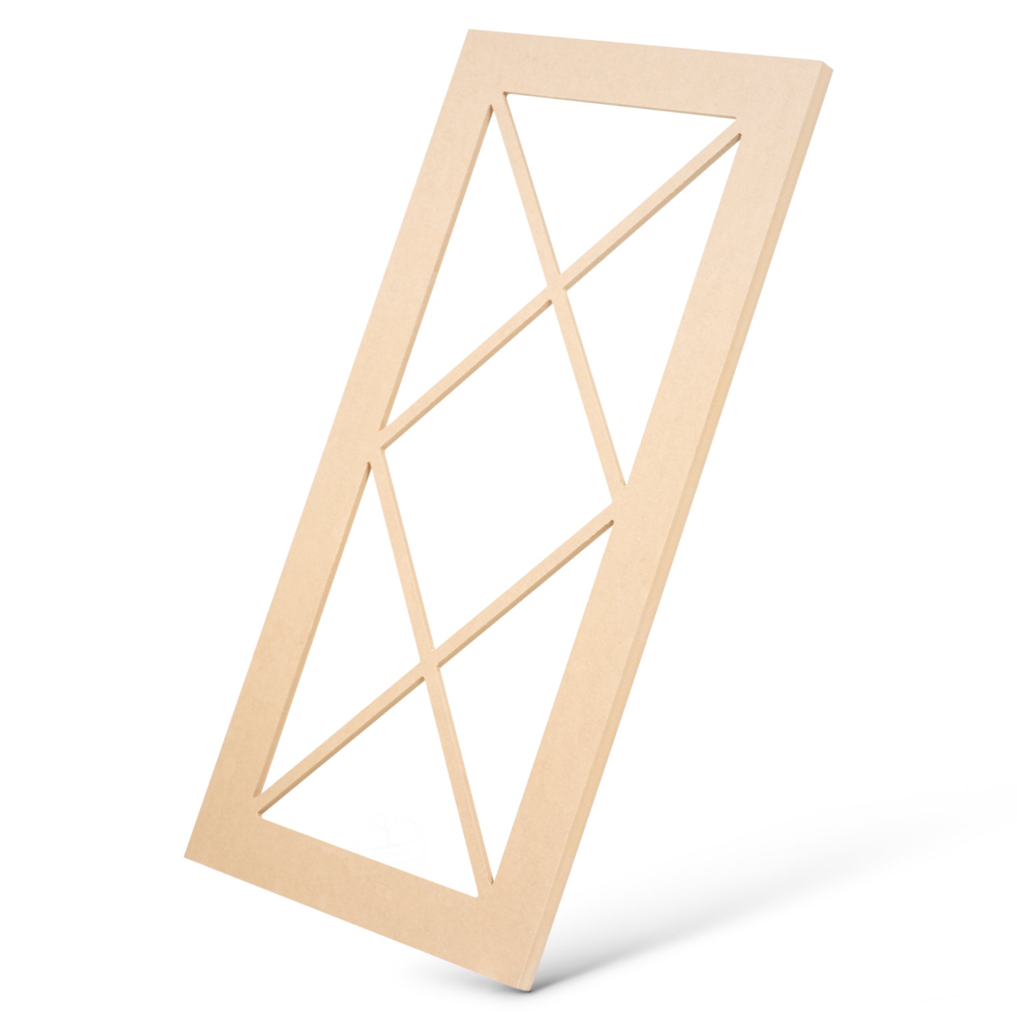Angled side view of Double X mullion cabinet door frame in MDF, glass-ready design with intersecting X-shaped dividers.