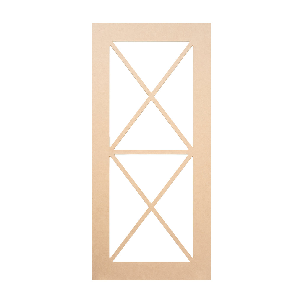 Double X Horizontal Mullion glass-ready MDF cabinet door frame featuring two horizontal X patterns – precision-cut and ready for custom glass panels.