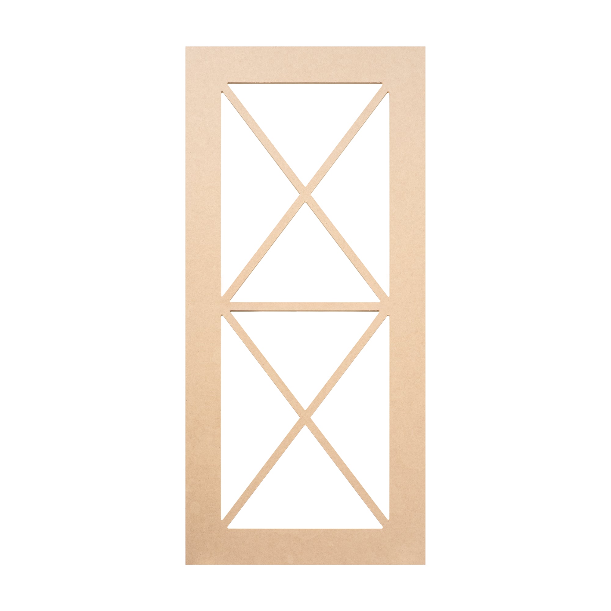 Double X Horizontal Mullion glass-ready MDF cabinet door frame featuring two horizontal X patterns – precision-cut and ready for custom glass panels.