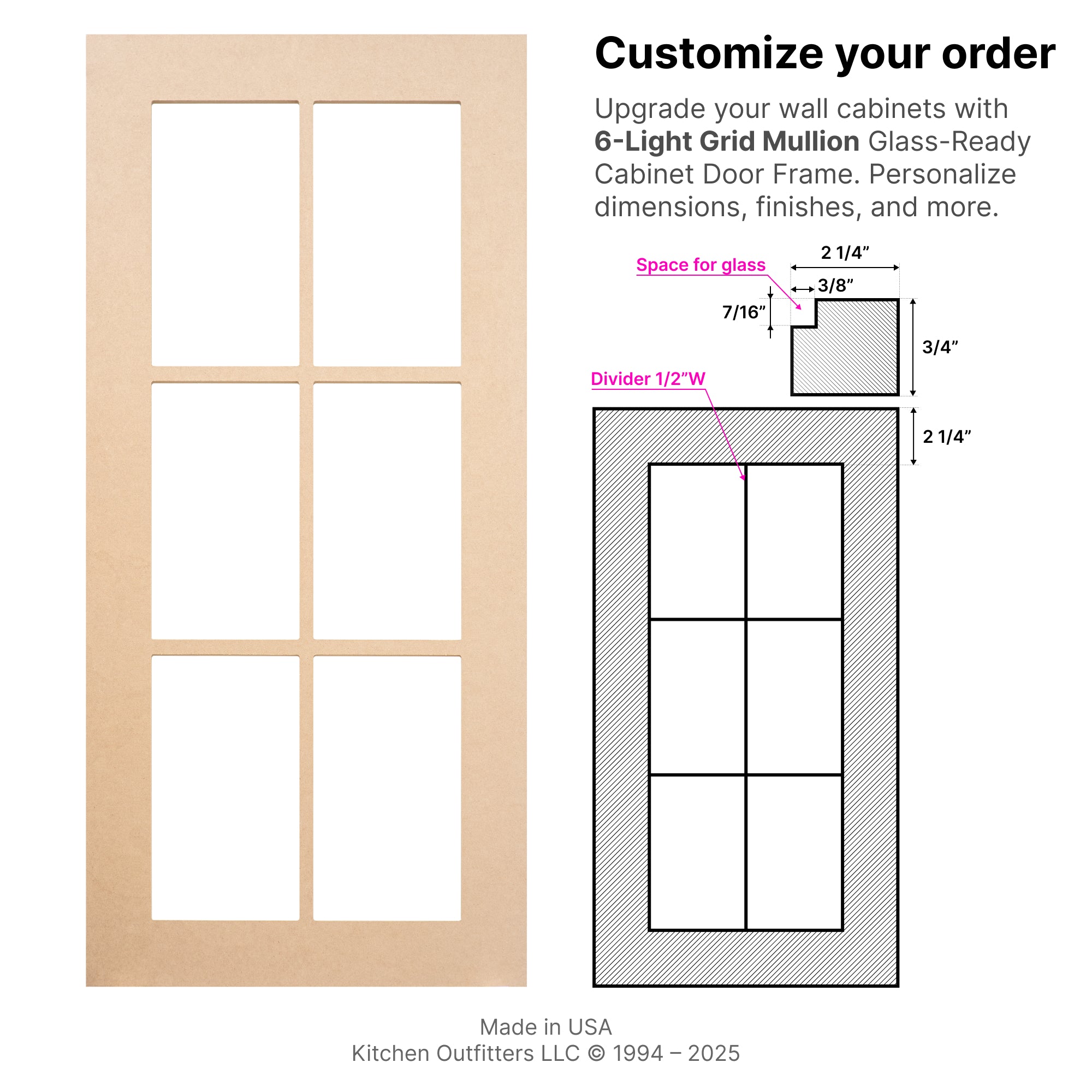 Technical drawing of 6-light grid mullion glass-ready cabinet door frame with divider and glass space measurements.