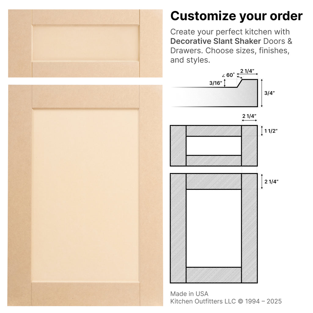 Decorative Slant Shaker door cutaway – stile and rail layout with decorative angle depth