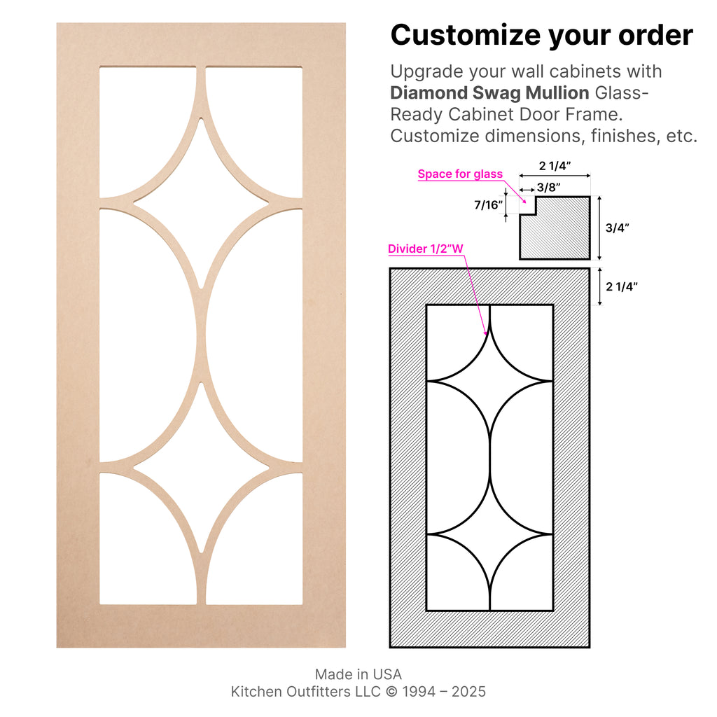 Front technical drawing of diamond swag mullion glass-ready cabinet door frame with decorative intersecting curves.