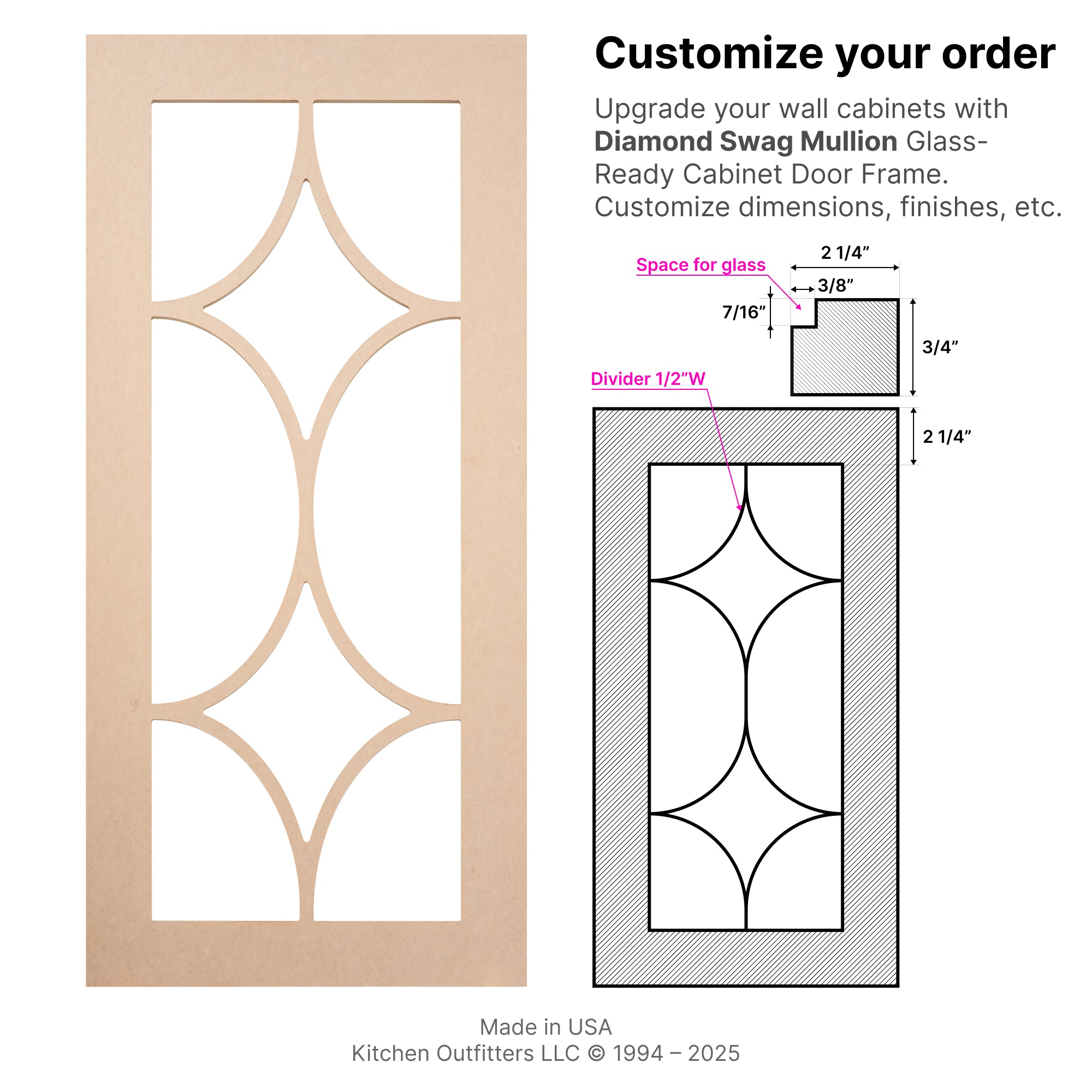 Front technical drawing of diamond swag mullion glass-ready cabinet door frame with decorative intersecting curves.
