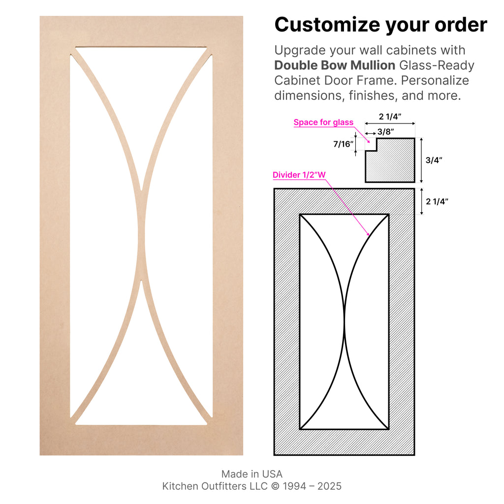 Technical drawing of Double Bow Mullion glass-ready MDF cabinet door frame with detailed measurements for stile width, divider size, and glass recess.