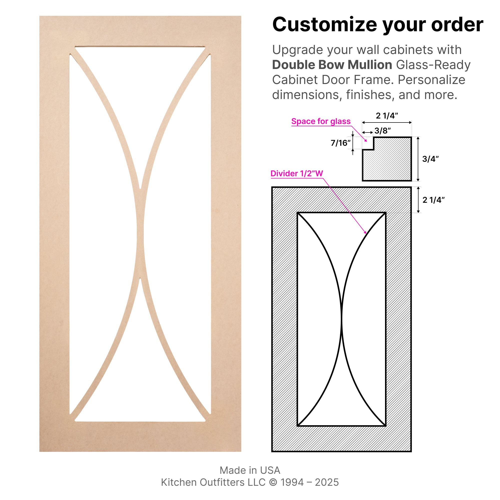 Technical drawing of Double Bow Mullion glass-ready MDF cabinet door frame with detailed measurements for stile width, divider size, and glass recess.