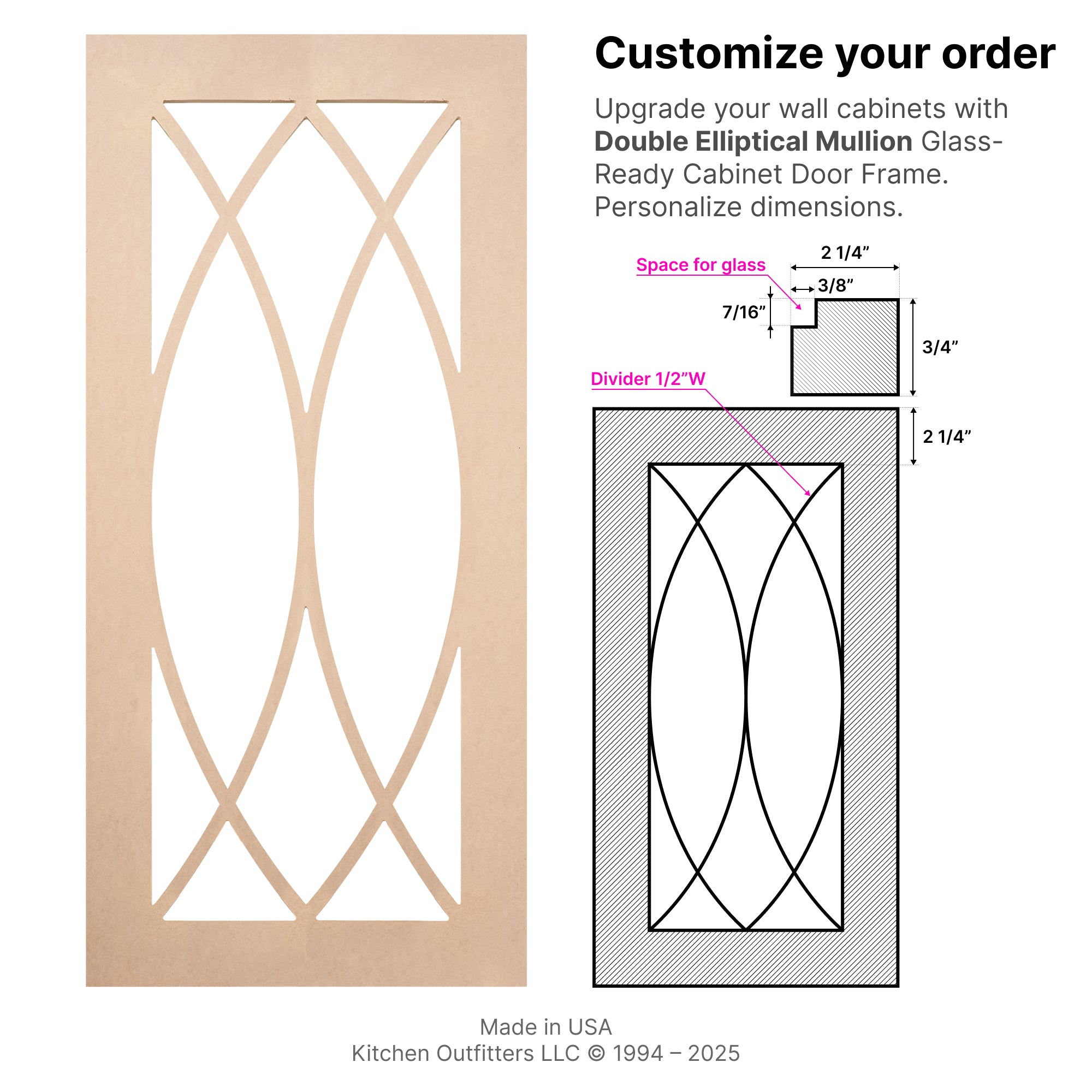Technical drawing of Double Elliptical Mullion glass-ready MDF cabinet door frame illustrating layout, divider spacing, and glass insert specifications.