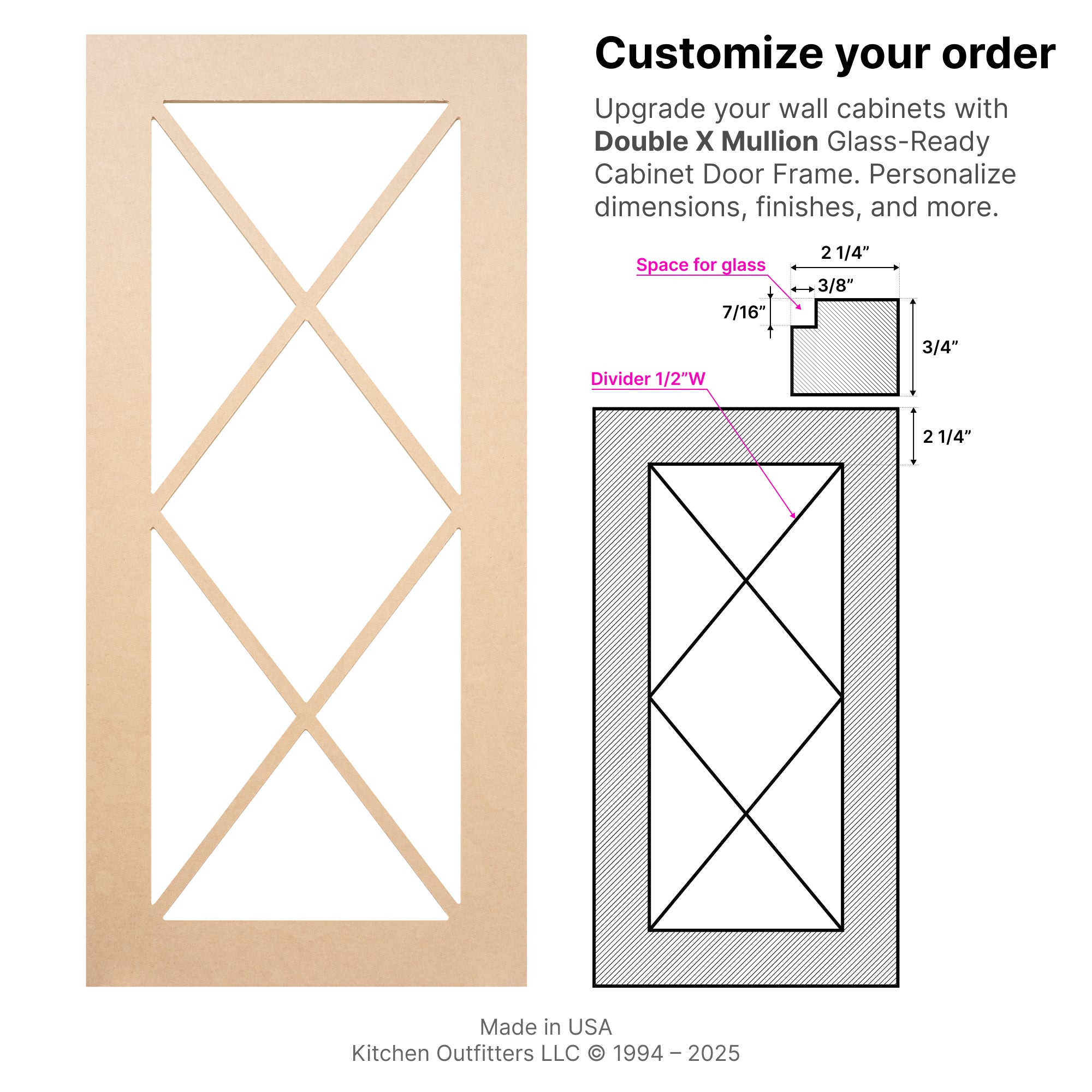 Technical drawing of Double X mullion cabinet door frame with front view dimensions and glass-ready specifications.