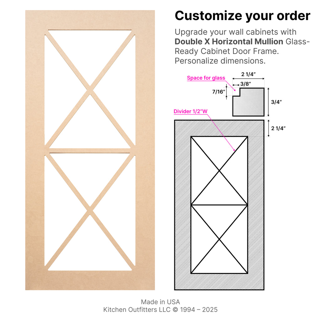 Technical drawing of Double X Mullion glass-ready MDF cabinet door frame with detailed measurements for stile width, divider size, and glass space.