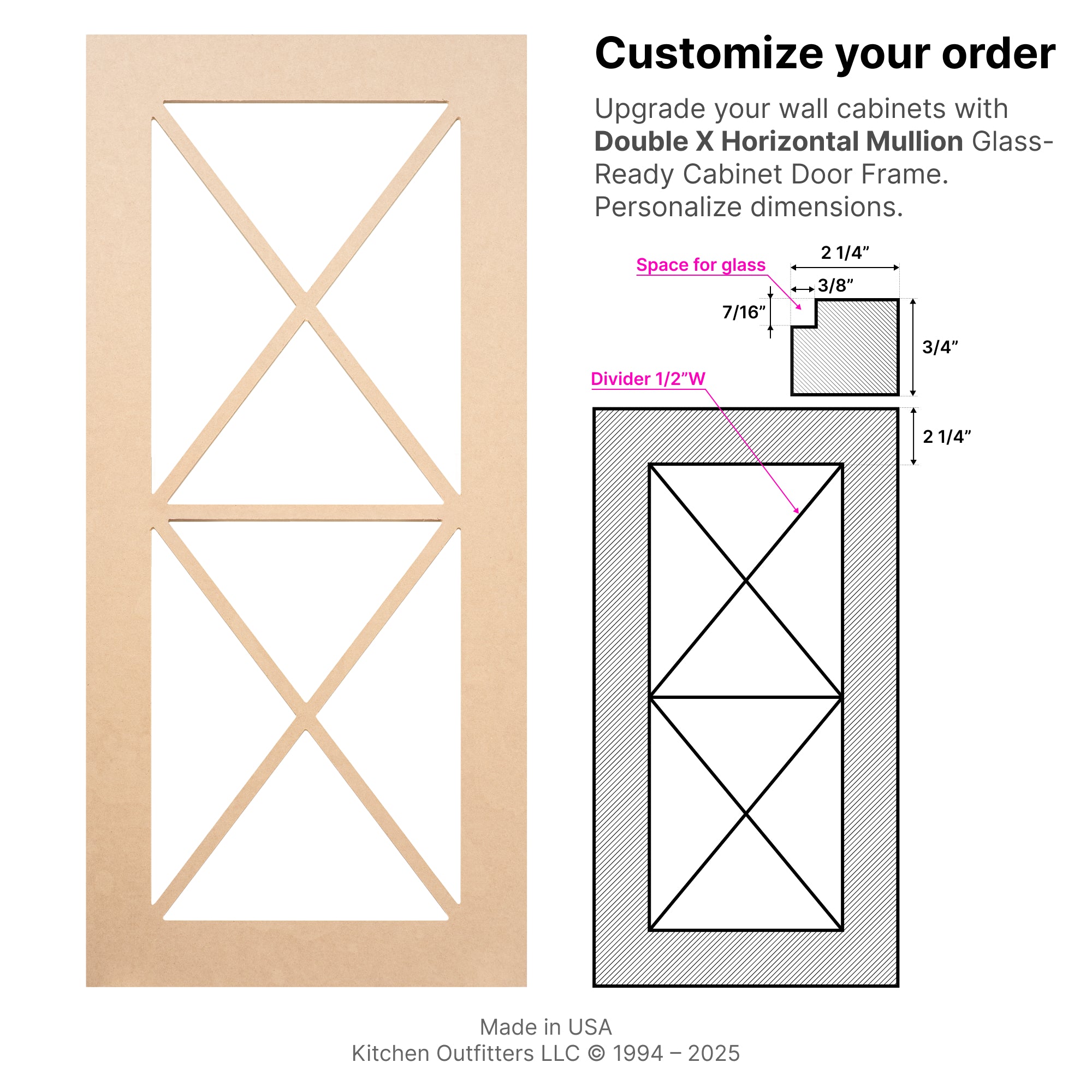 Technical drawing of Double X Mullion glass-ready MDF cabinet door frame with detailed measurements for stile width, divider size, and glass space.