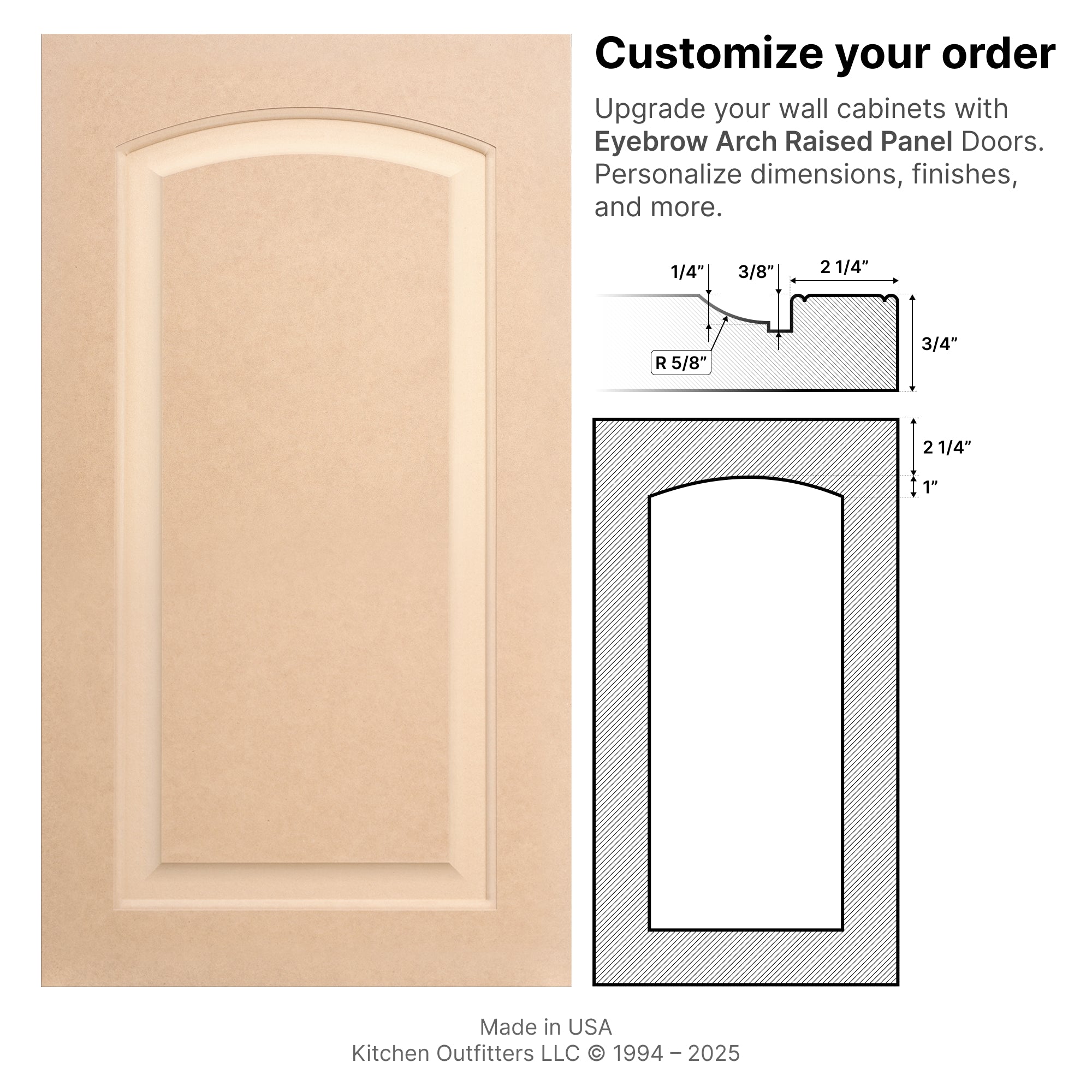 Front view of Eyebrow Arch Raised Panel MDF Cabinet Door with technical drawing of dimensions and arched raised panel design.