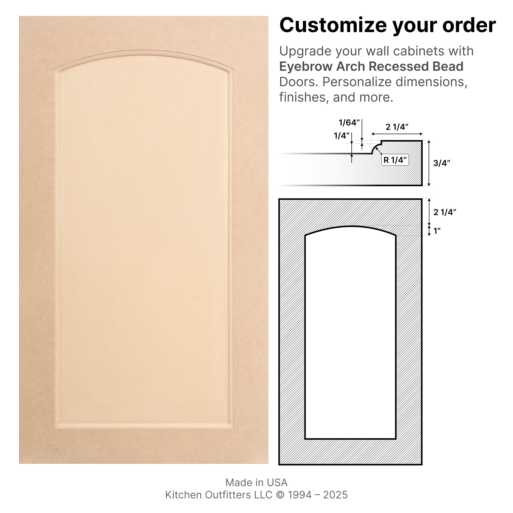 Technical drawings and front view of Eyebrow Arch Recessed Bead MDF Cabinet Door and matching drawer front with dimensions.