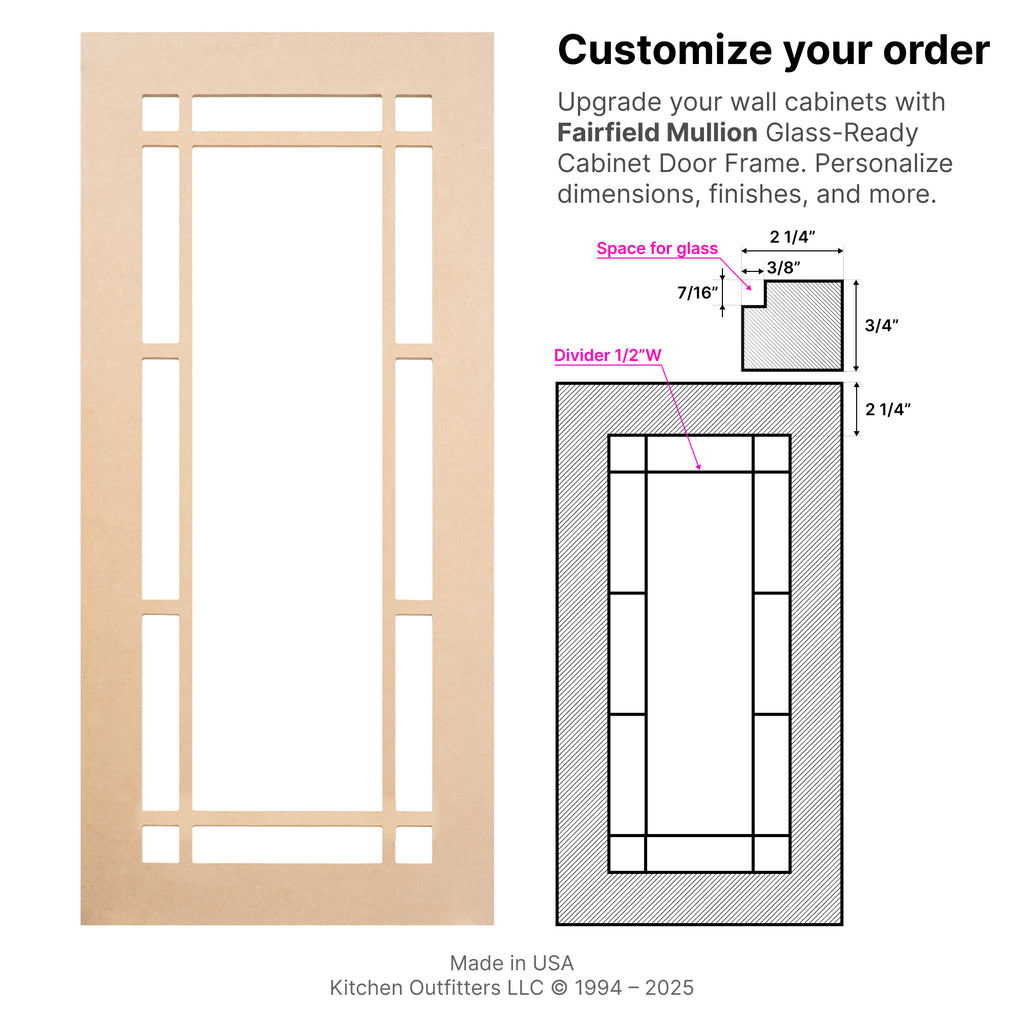 Technical drawing of Fairfield Mullion glass-ready MDF cabinet door frame illustrating grid pattern, stile width, and glass mounting specifications.