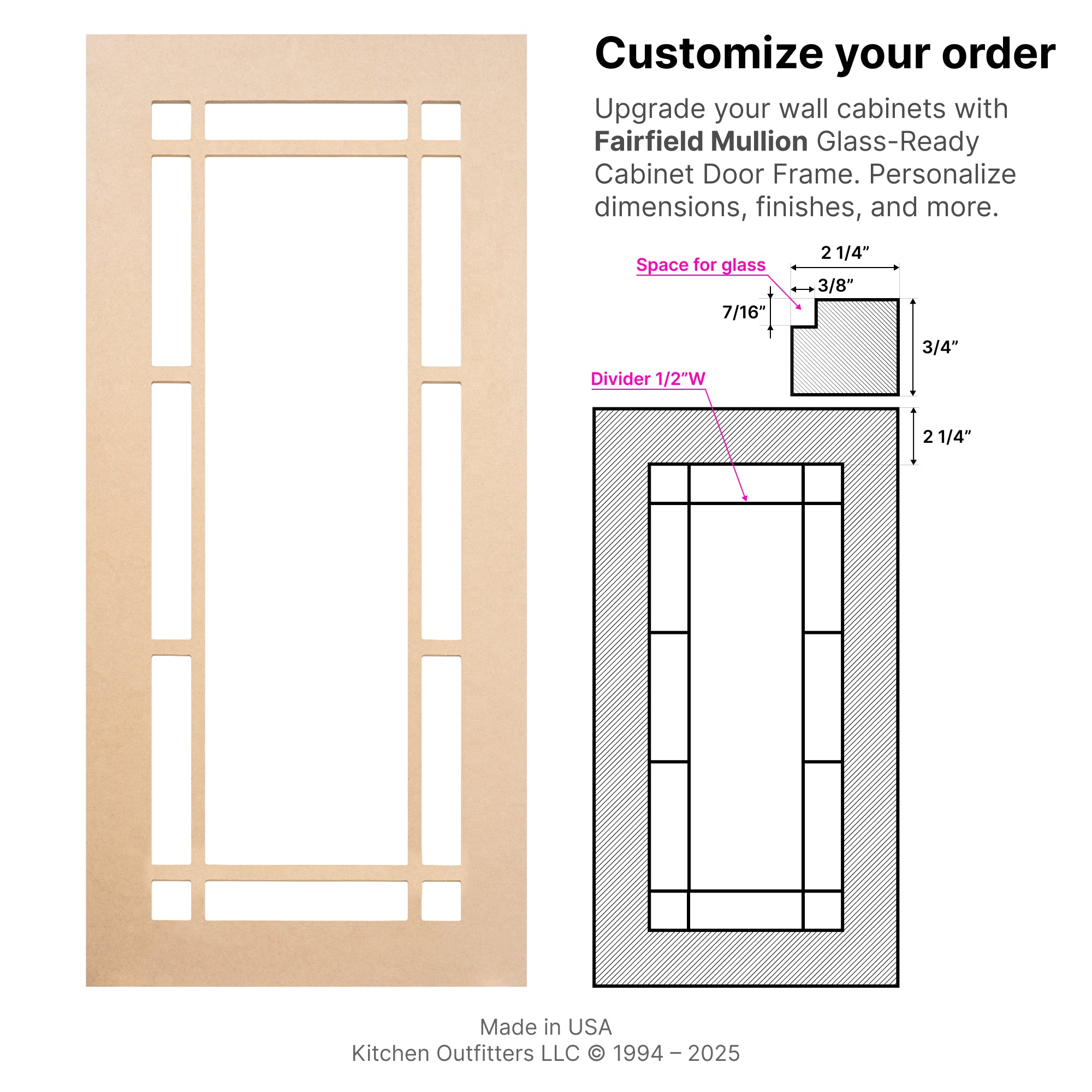 Technical drawing of Fairfield Mullion glass-ready MDF cabinet door frame illustrating grid pattern, stile width, and glass mounting specifications.