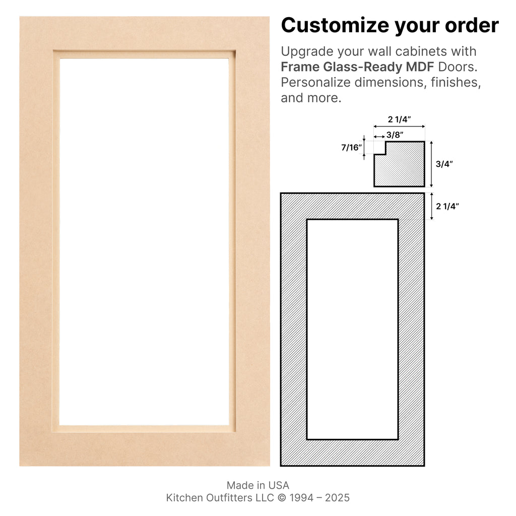 Front view and technical drawing of Glass-Ready MDF cabinet door frame with dimensions and profile section.