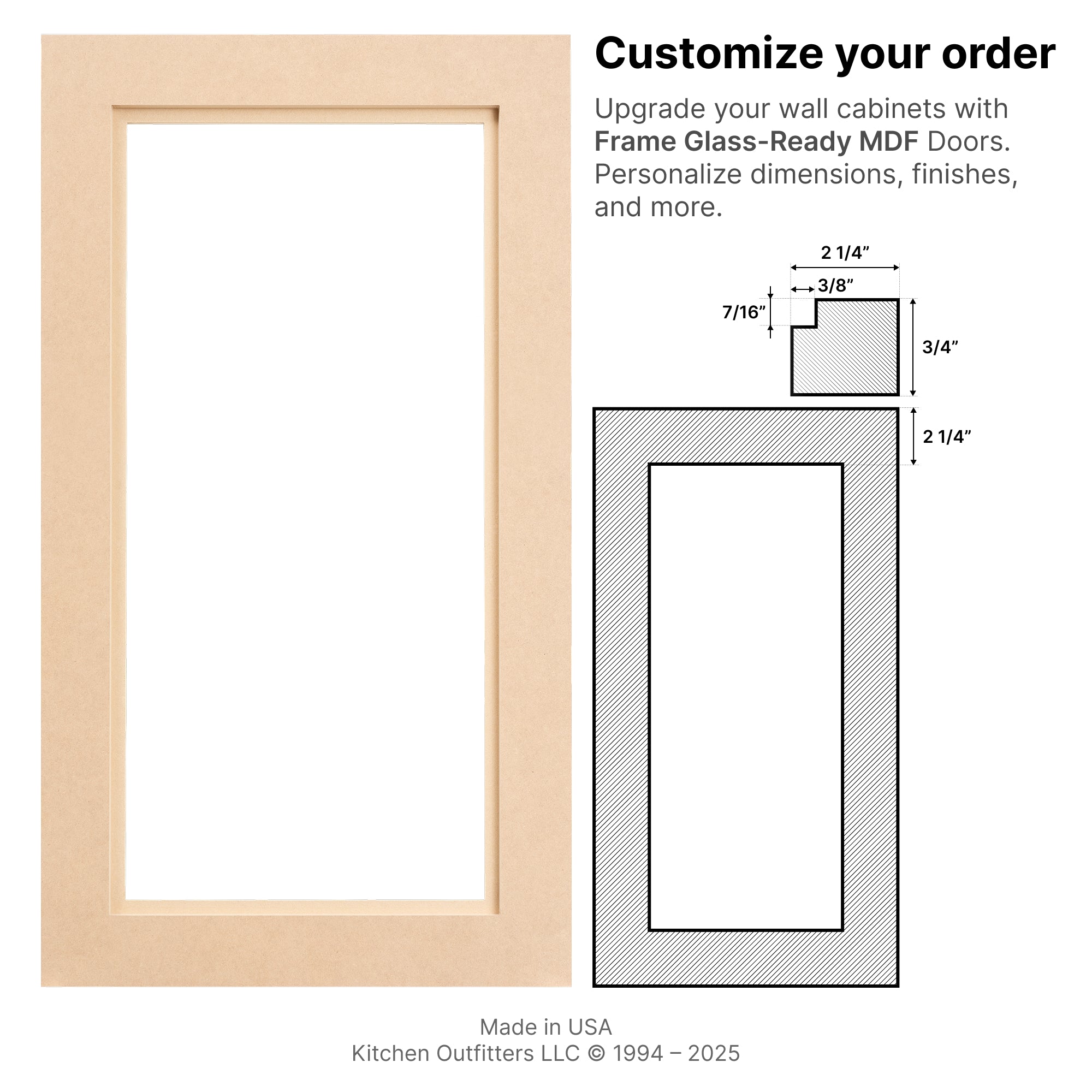 Front view and technical drawing of Glass-Ready MDF cabinet door frame with dimensions and profile section.