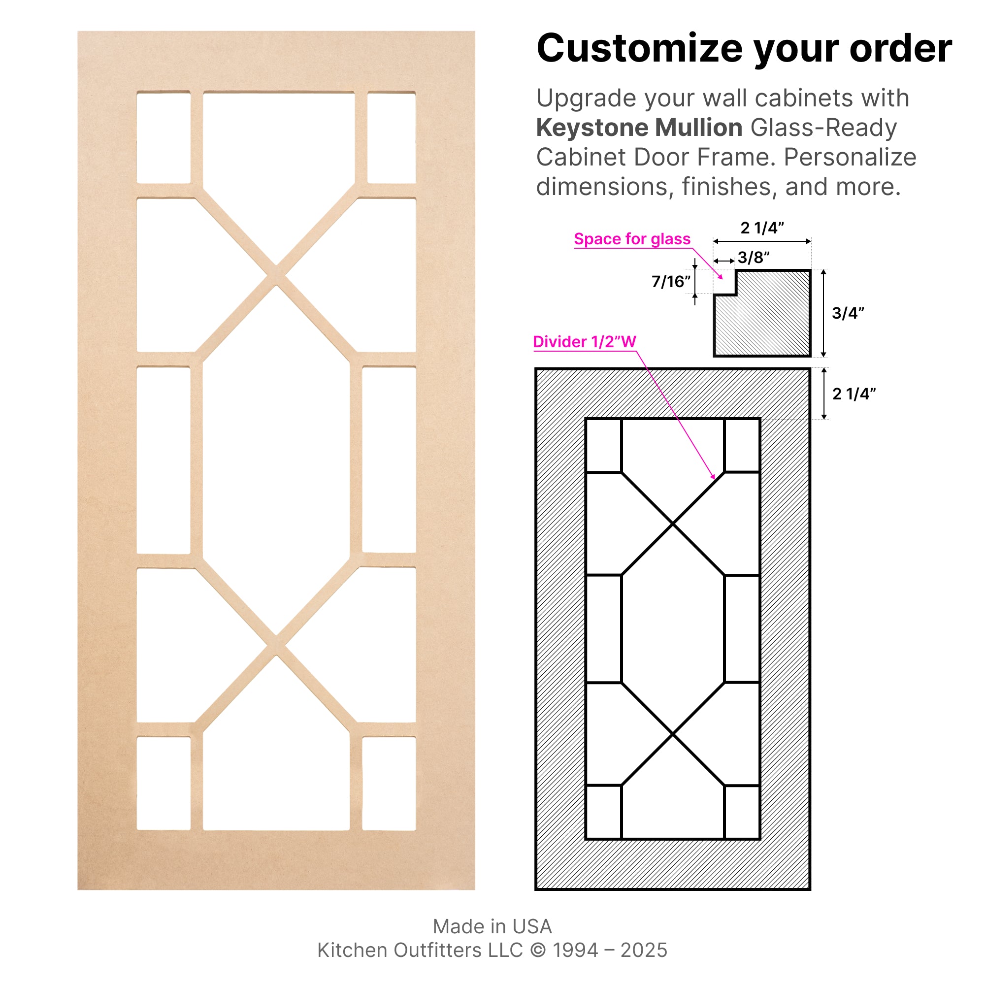 Technical drawing of Keystone Mullion glass-ready MDF cabinet door frame showing divider layout, glass space, and construction details.