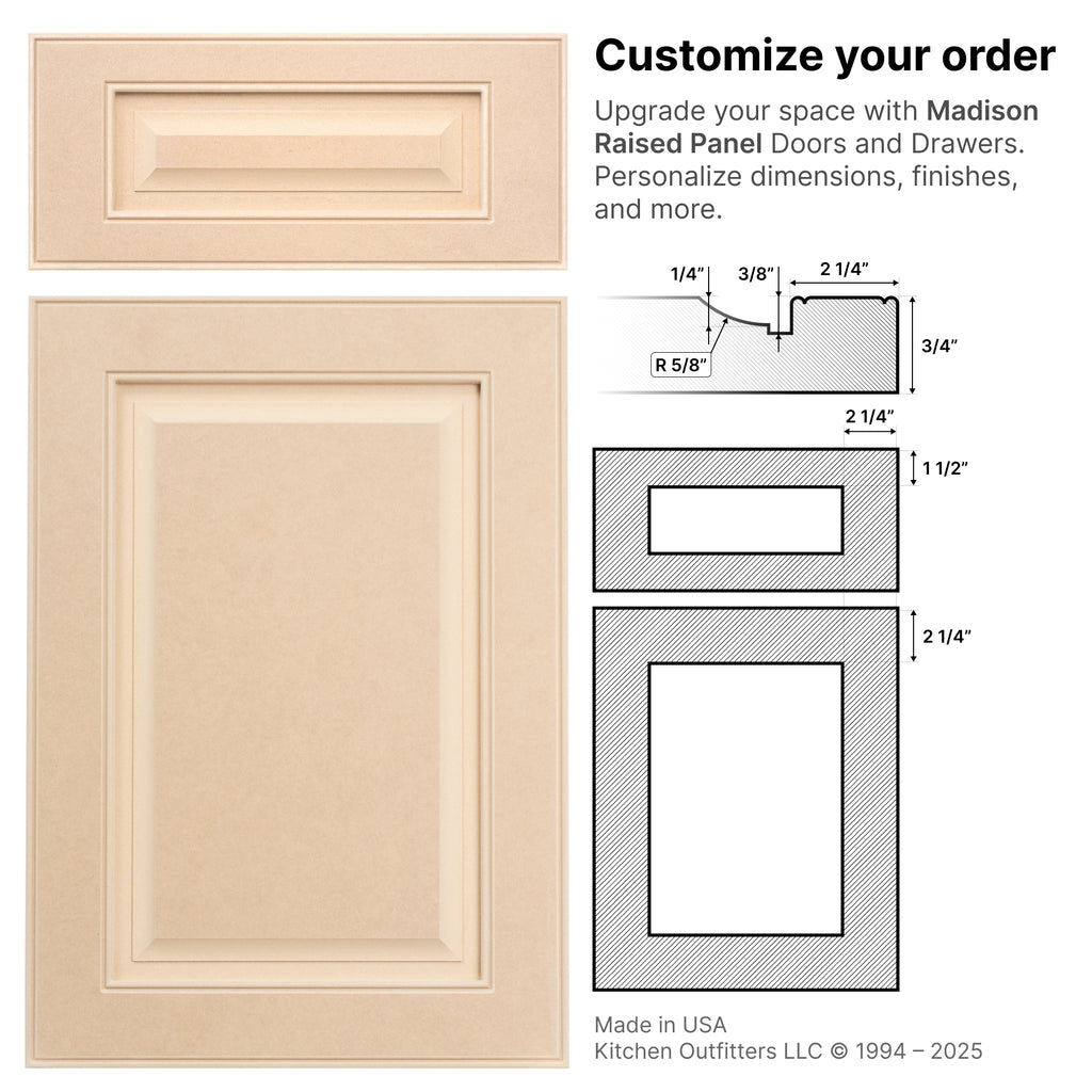 Technical drawings and front view of Madison Raised Panel MDF cabinet door and drawer with stile and rail measurements and profile details