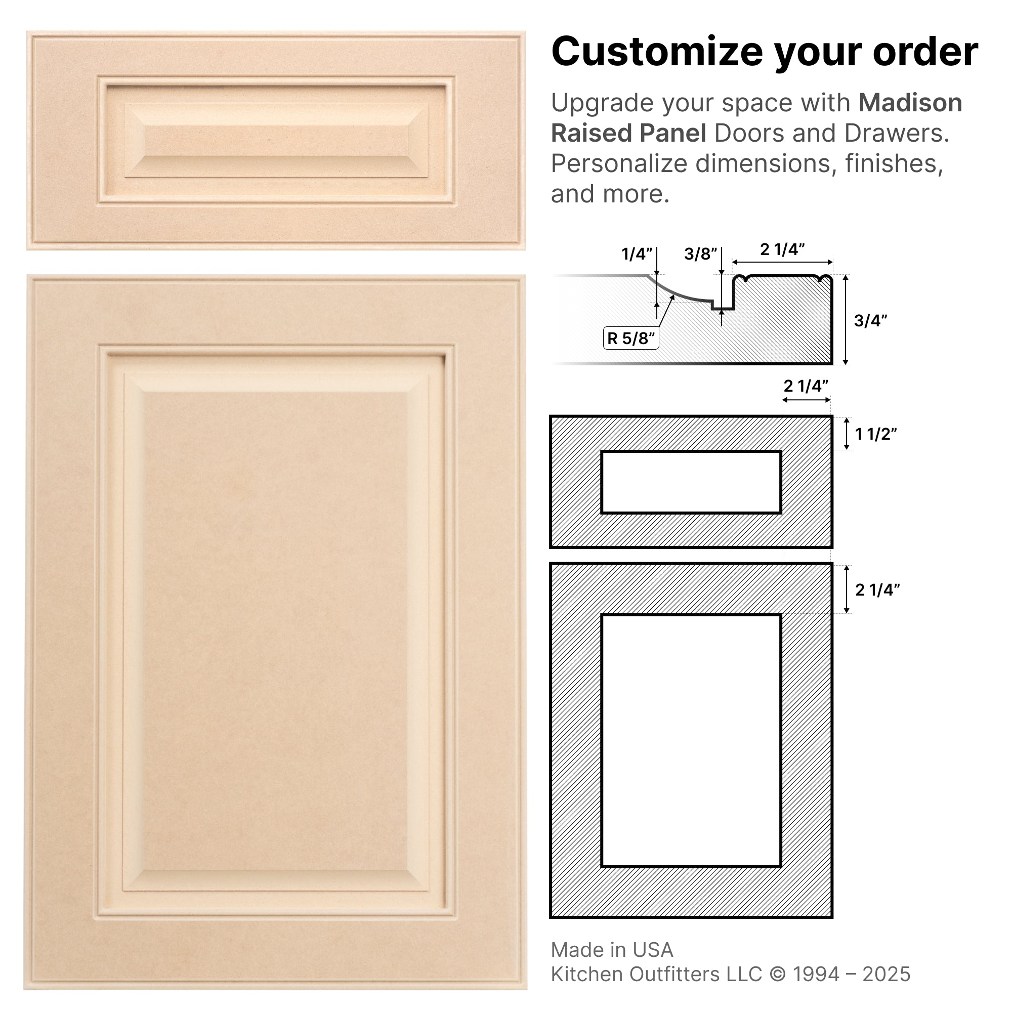 Technical drawings and front view of Madison Raised Panel MDF cabinet door and drawer with stile and rail measurements and profile details