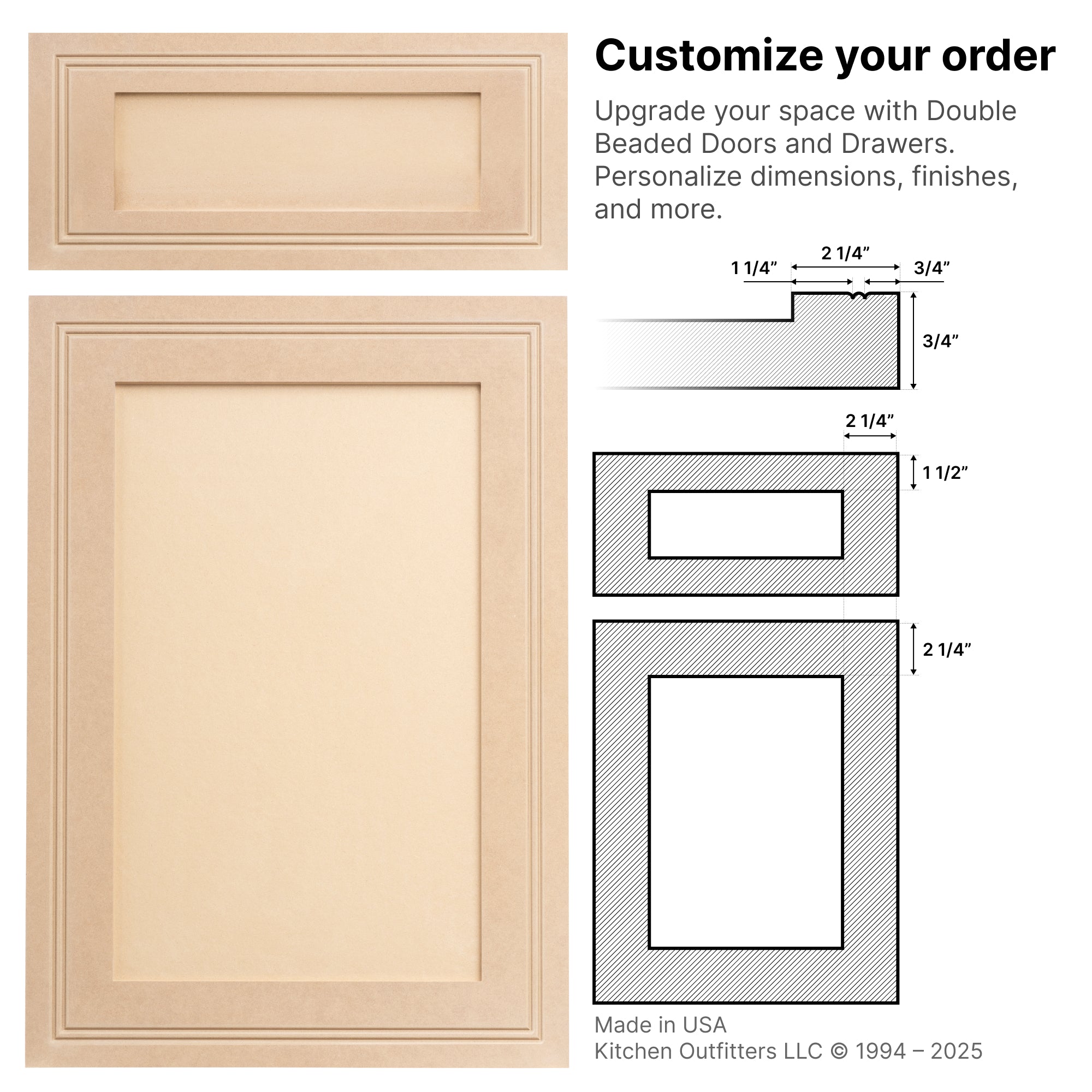 Technical drawings and front view of MDF Middle Beaded Cabinet Door and matching drawer front with dimensions and bead detail.
