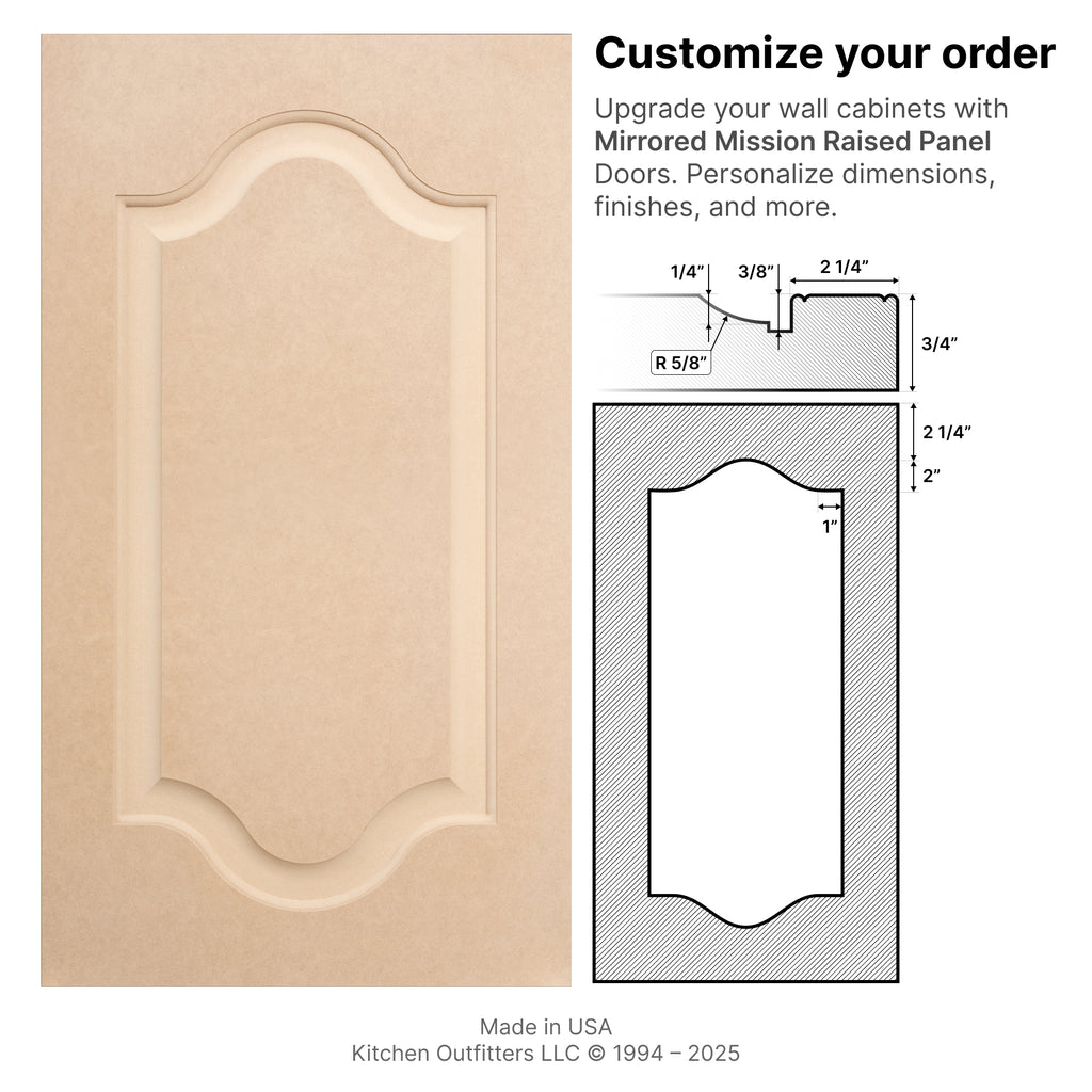Technical drawings and front view of Mirrored Mission Raised Panel MDF Cabinet Door and matching drawer front with dimensions.