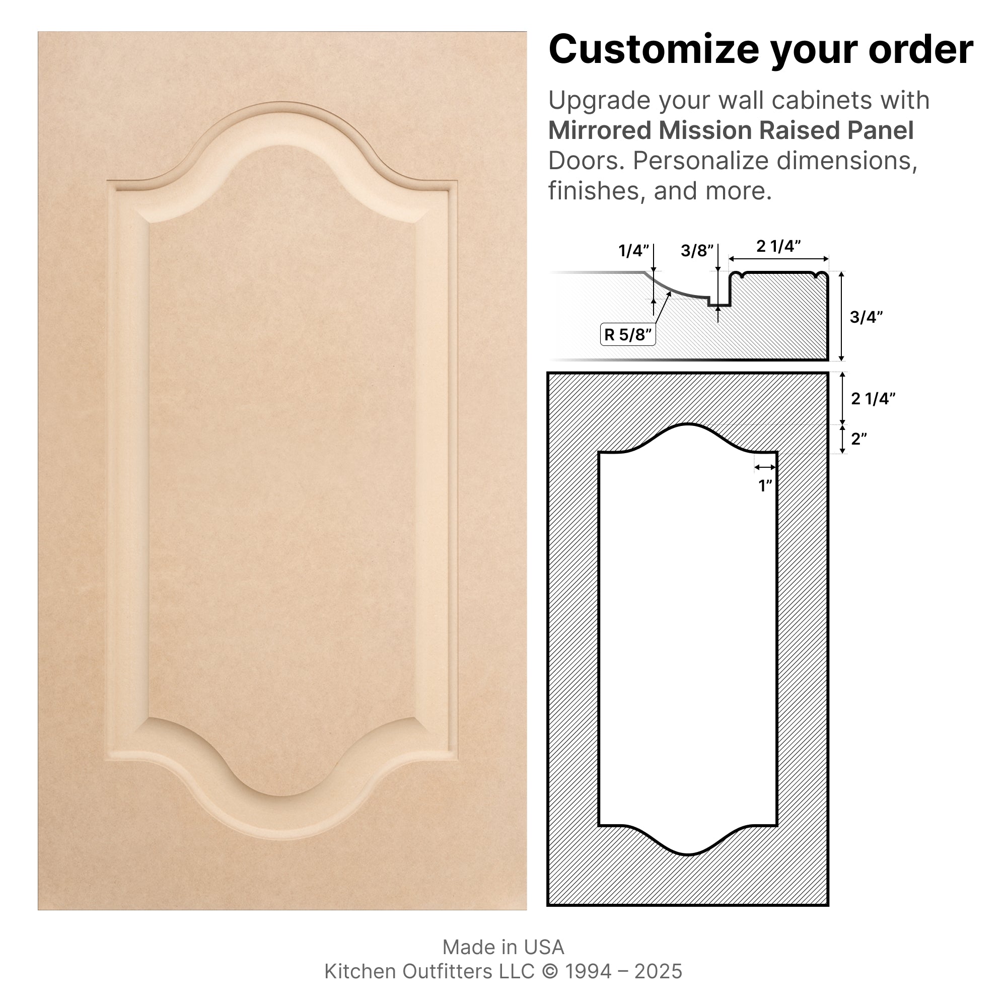 Technical drawings and front view of Mirrored Mission Raised Panel MDF Cabinet Door and matching drawer front with dimensions.