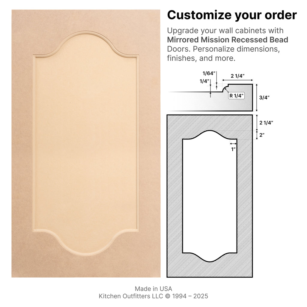 Technical drawings and front view of Mirrored Mission Recessed Bead MDF Cabinet Door and drawer front with mirrored arch design.