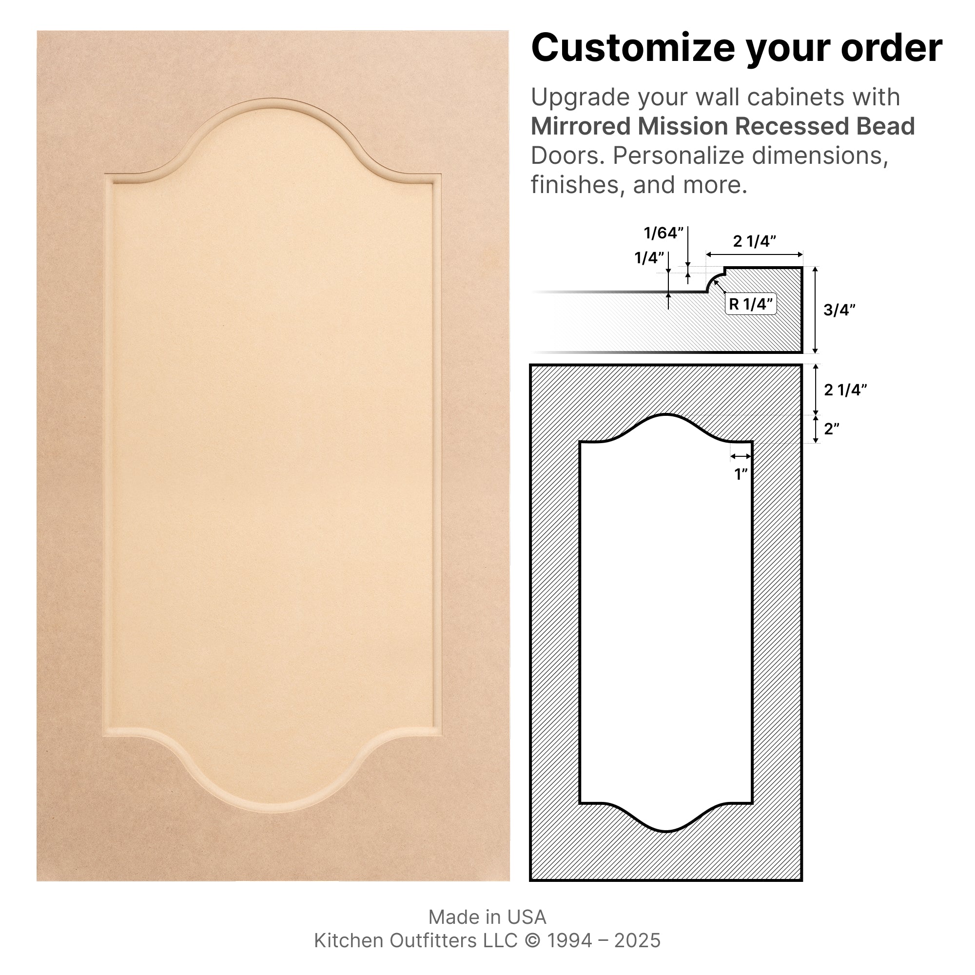 Technical drawings and front view of Mirrored Mission Recessed Bead MDF Cabinet Door and drawer front with mirrored arch design.
