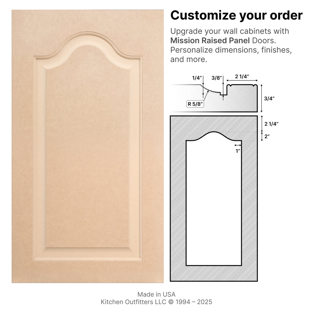 Technical drawings and front view of Mission Raised Panel MDF Cabinet Door and matching drawer front with dimensions.