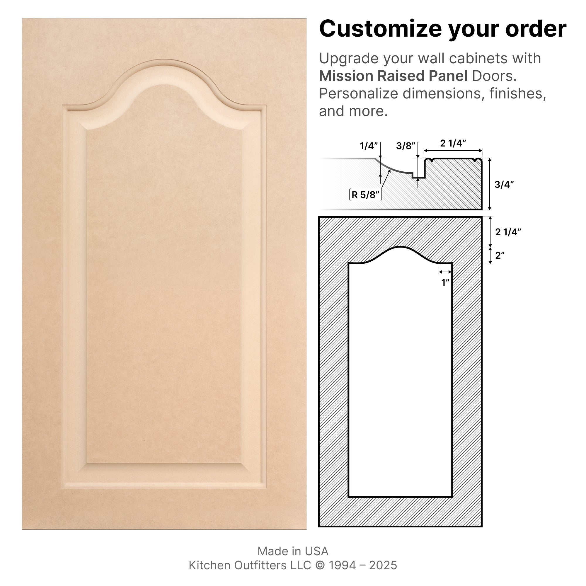 Technical drawings and front view of Mission Raised Panel MDF Cabinet Door and matching drawer front with dimensions.