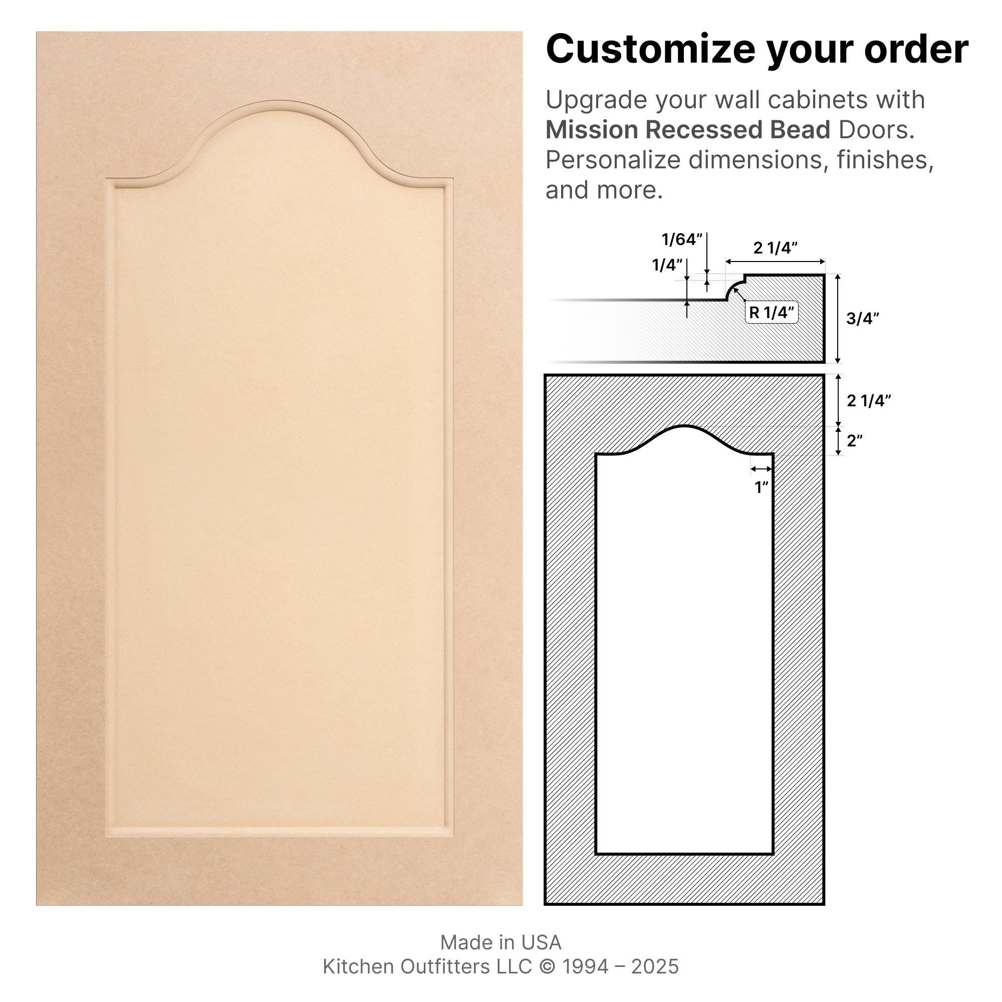 Technical drawings and front view of Mission Recessed Bead MDF Cabinet Door and matching drawer front with dimensions.