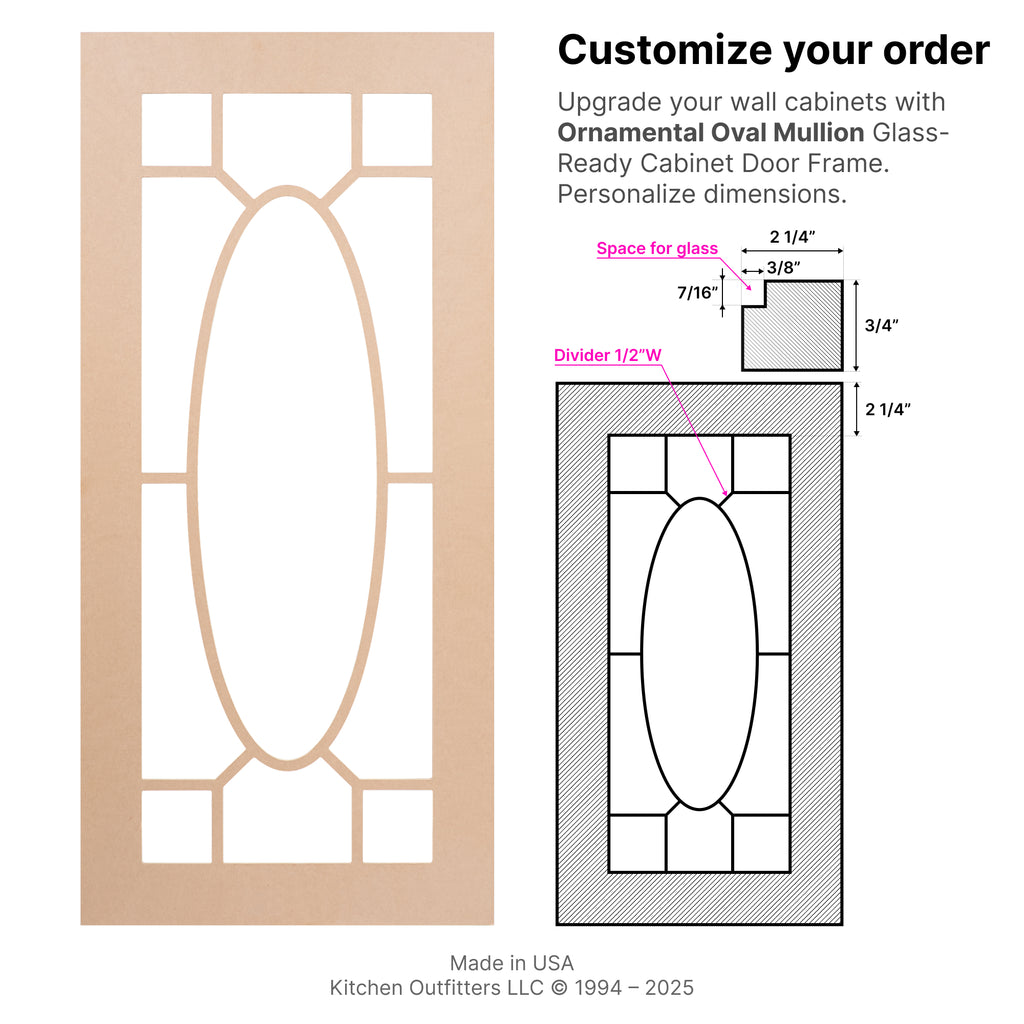 Technical drawing of Ornamental Oval Mullion glass-ready MDF cabinet door frame highlighting dimensions, divider placement, and glass area.