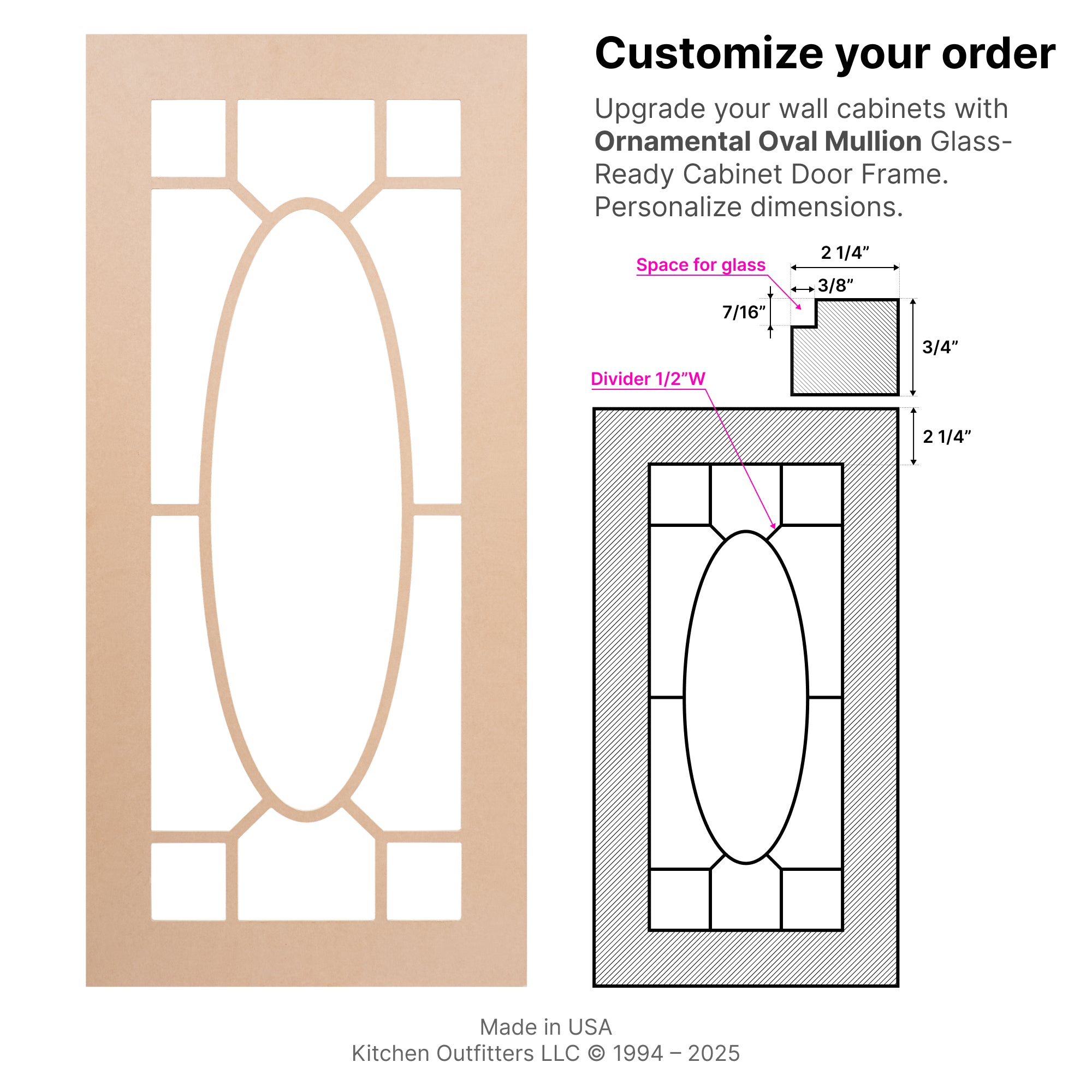 Technical drawing of Ornamental Oval Mullion glass-ready MDF cabinet door frame highlighting dimensions, divider placement, and glass area.