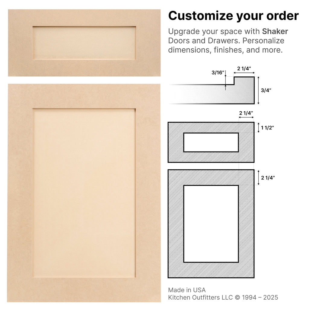 Custom MDF Shaker cabinet door and drawer front with technical drawings – handcrafted in the USA