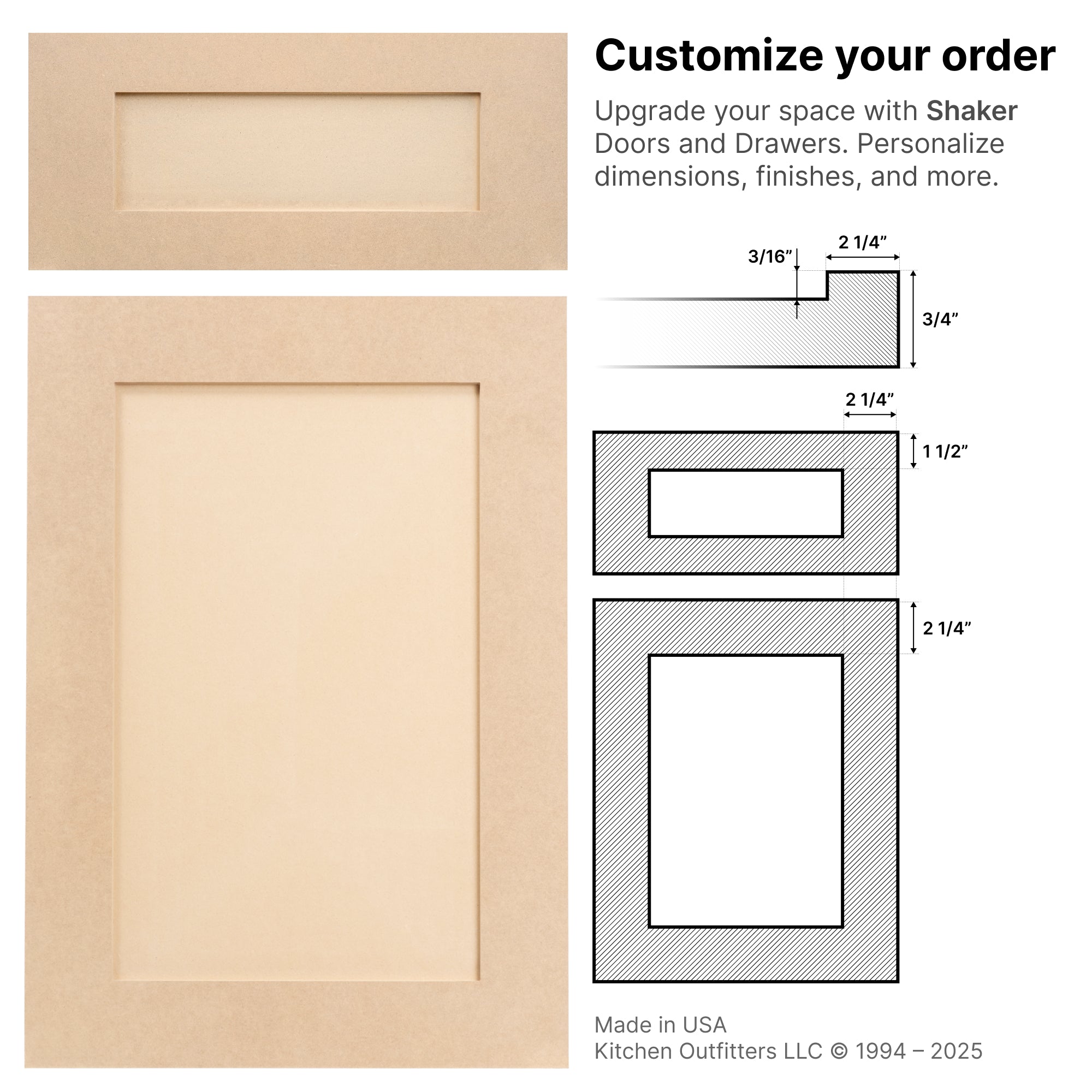 Custom MDF Shaker cabinet door and drawer front with technical drawings – handcrafted in the USA