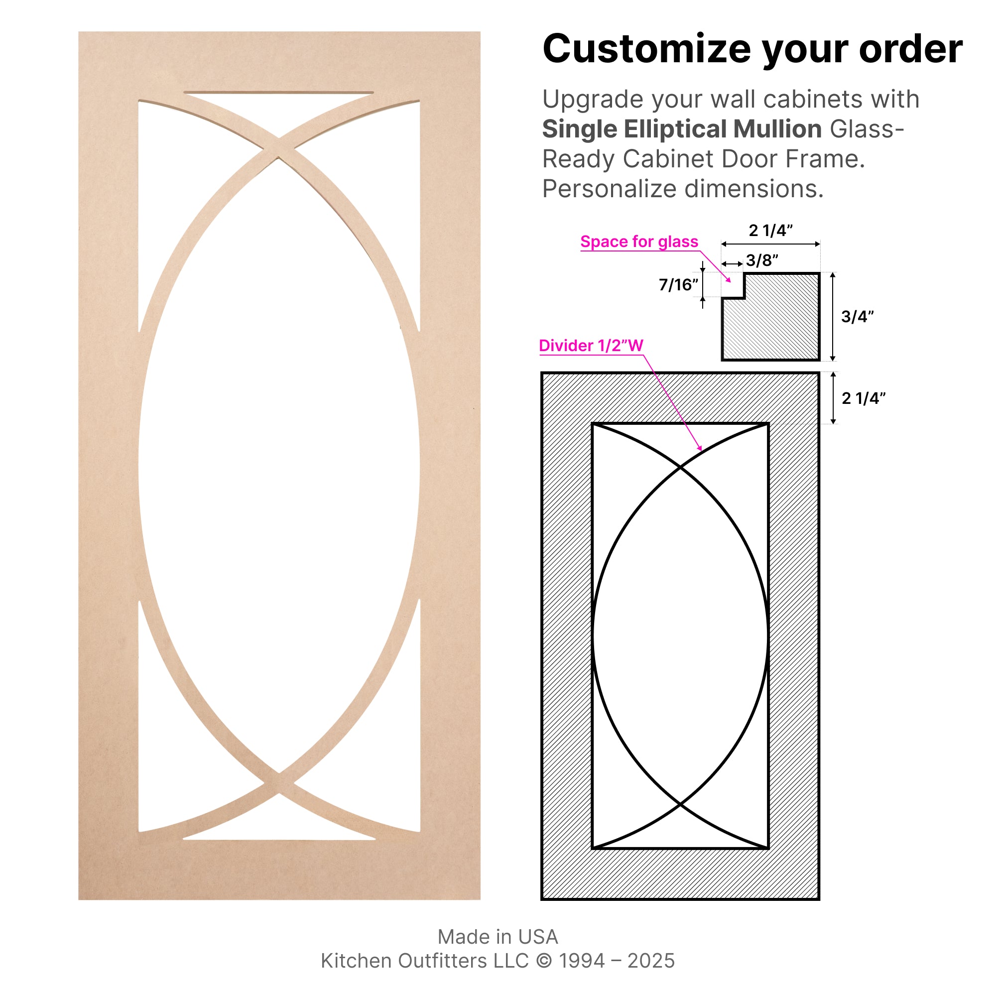 Technical drawing of Single Elliptical Mullion glass-ready MDF cabinet door frame showing measurements, stile thickness, and glass opening.