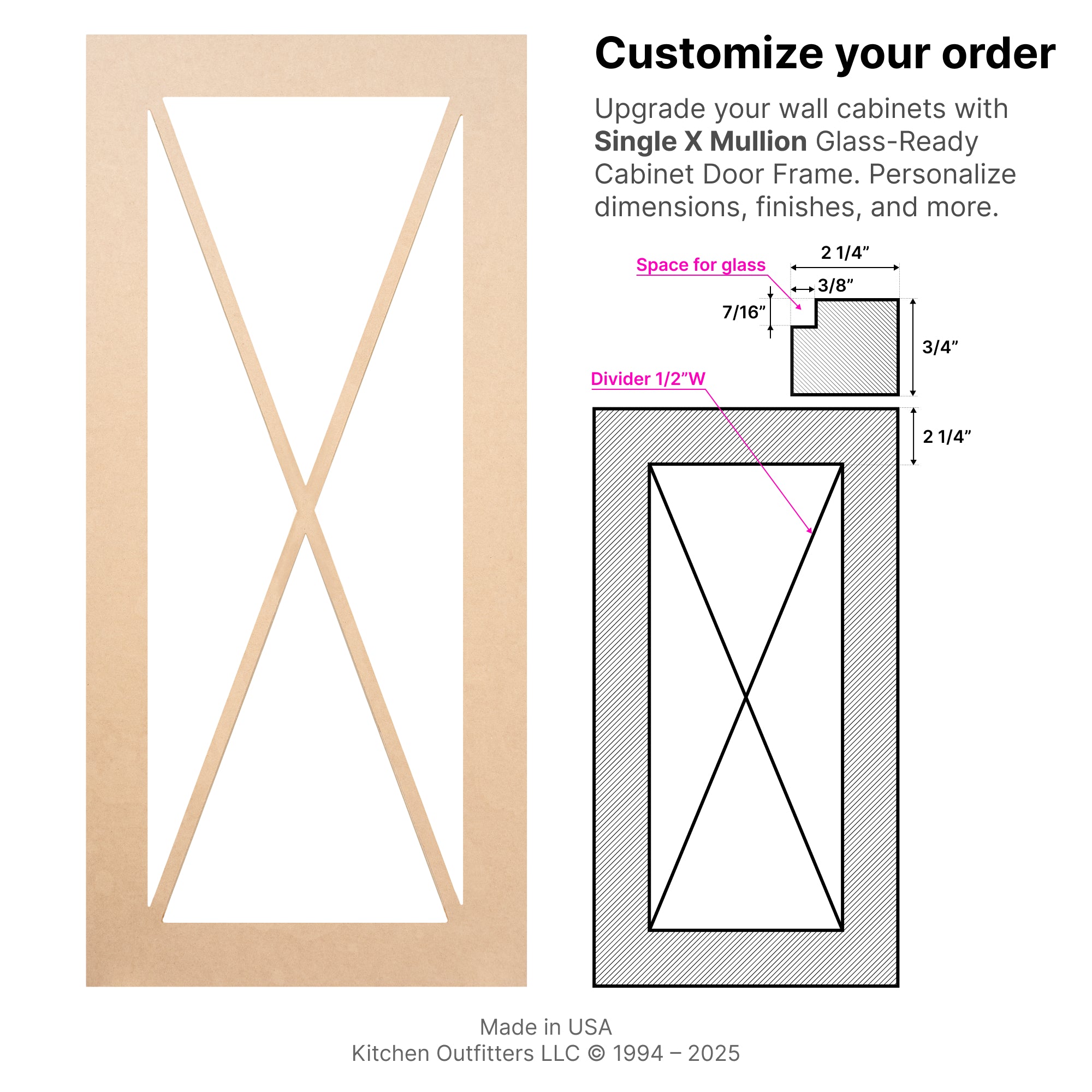 Technical drawing of Single X Mullion glass-ready MDF cabinet door frame showing dimensions, glass inset space, and divider width specifications.