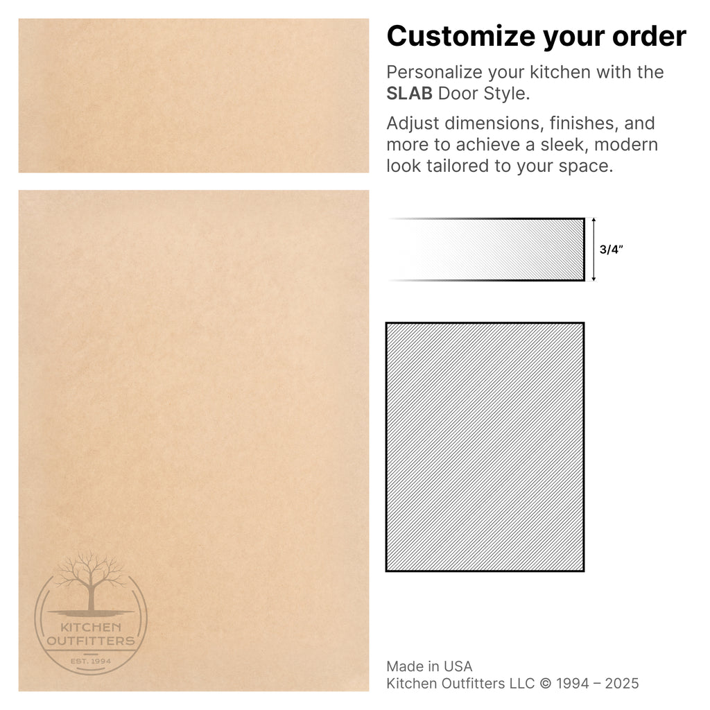 Slab style MDF cabinet door with drawer front — technical drawing and full front view, 3/4 inch thickness, customizable dimensions.