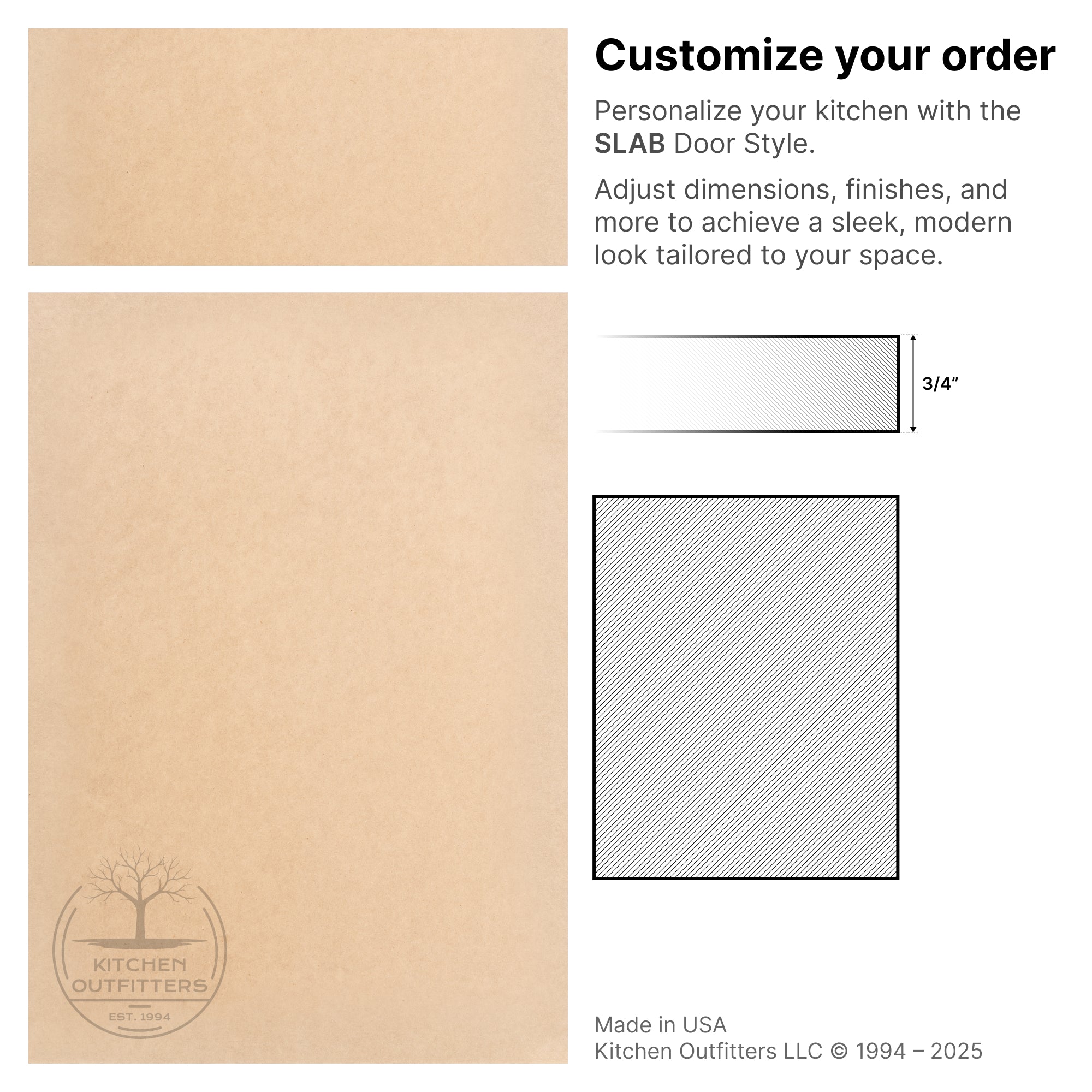 Slab style MDF cabinet door with drawer front — technical drawing and full front view, 3/4 inch thickness, customizable dimensions.
