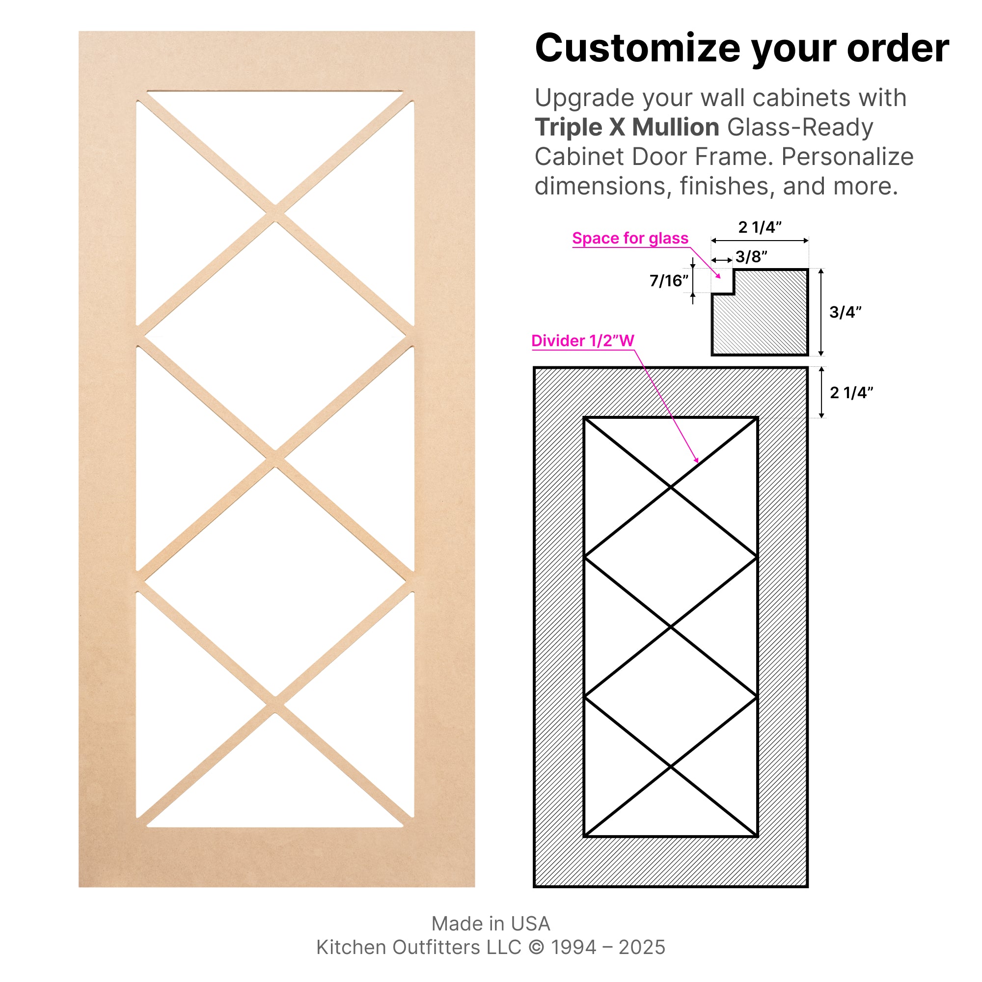 Technical drawing of Triple X Mullion glass-ready MDF cabinet door frame showing structure, divider spacing, and glass panel area.