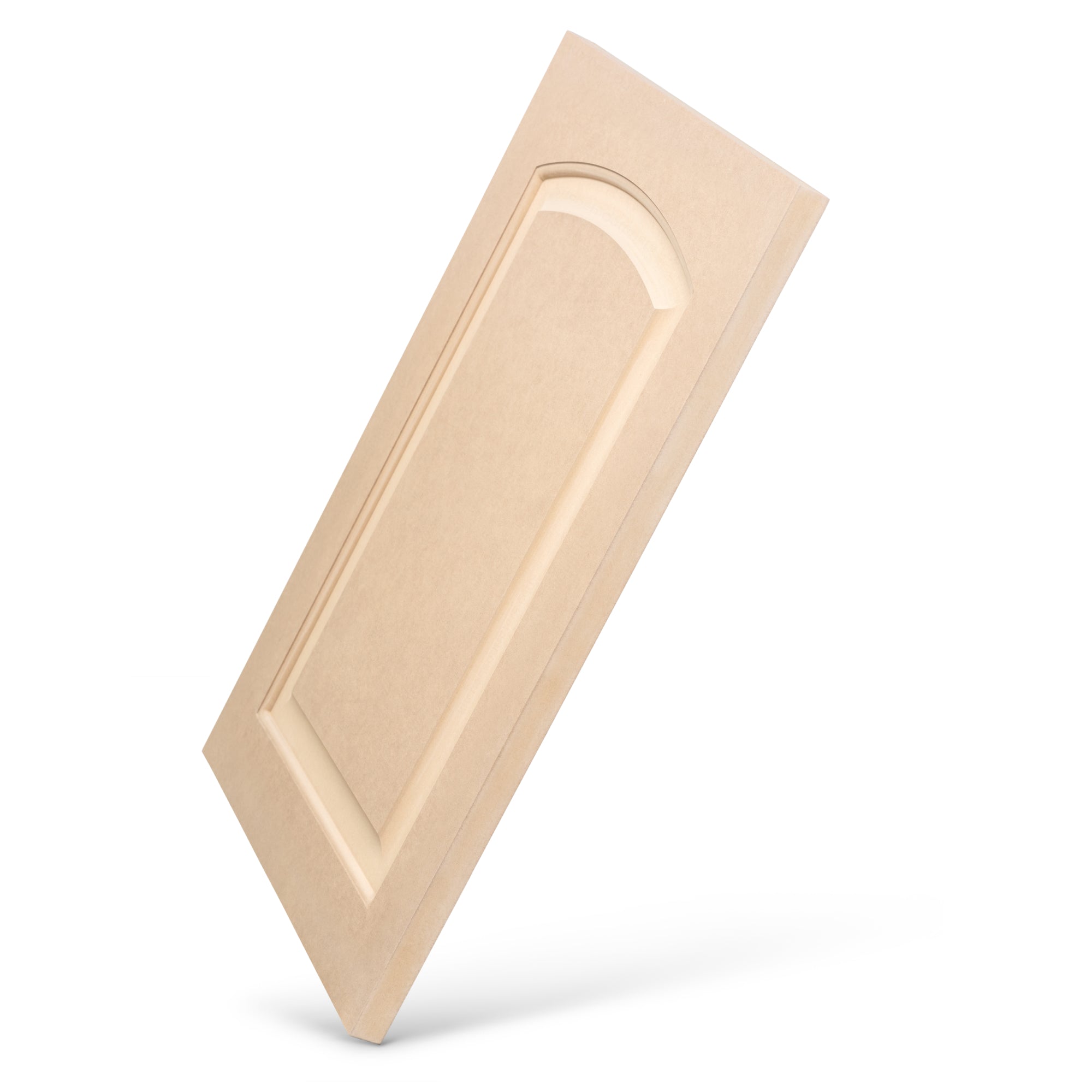 Eyebrow Arch Raised Panel MDF Cabinet Door – angled view showing elegant arched profile and smooth unfinished surface.