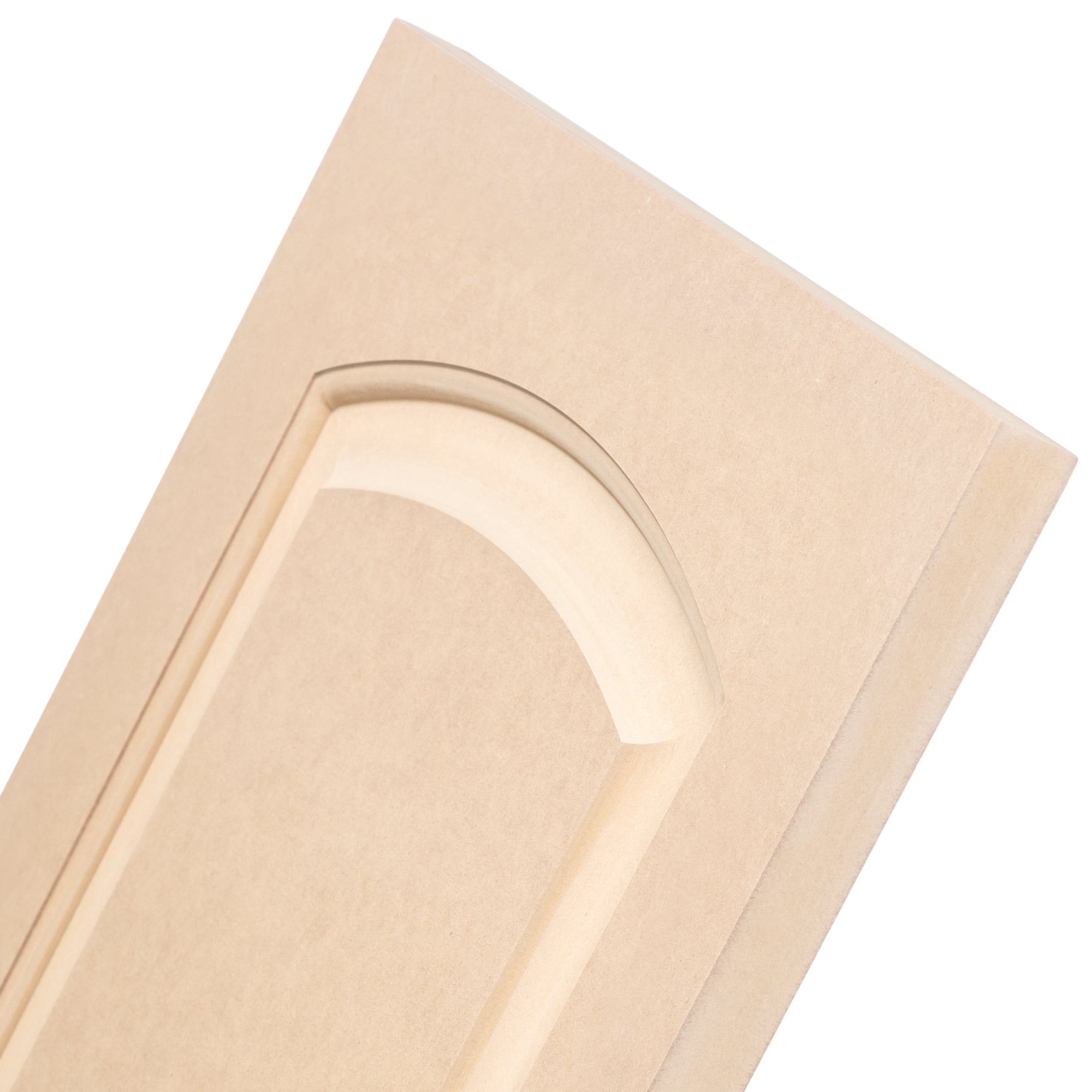 Zoomed side view of Eyebrow Arch Raised Panel MDF Cabinet Door showing arched raised panel and smooth MDF surface.