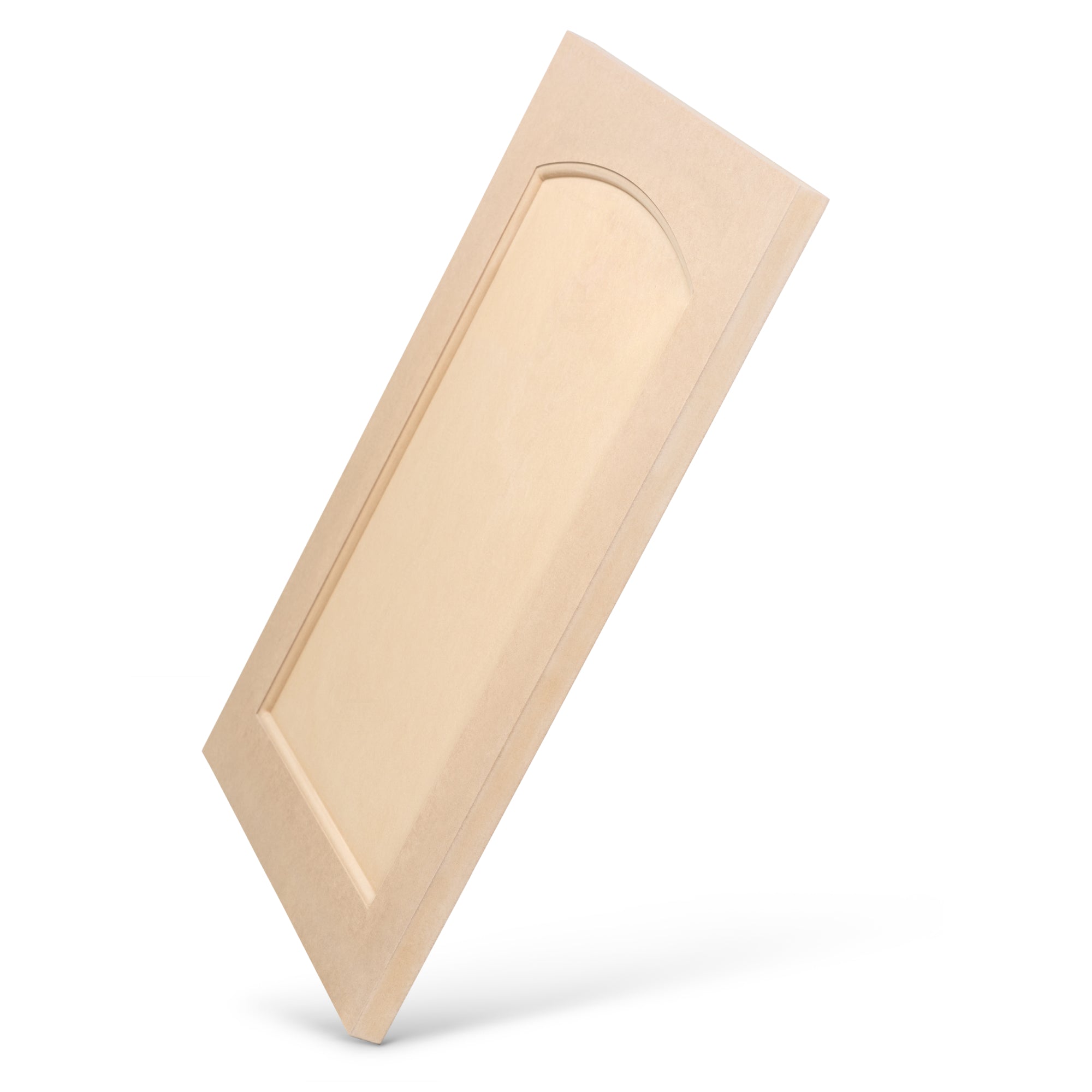 Eyebrow Arch Recessed Bead MDF Cabinet Door – angled view showing soft arch and recessed panel framed with delicate bead detail.