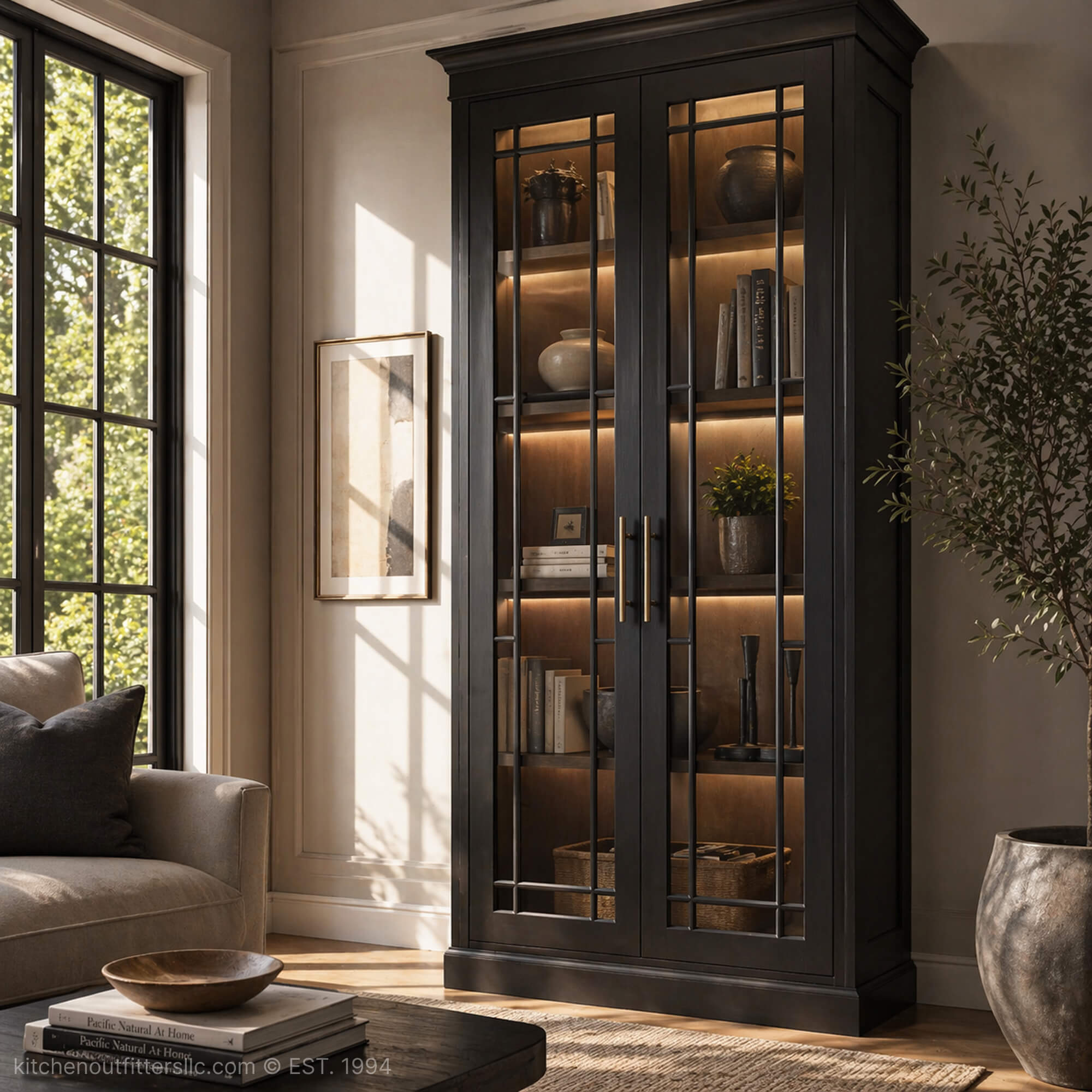 Fairfield mullion glass cabinet doors in tall living room cabinet, dark painted finish