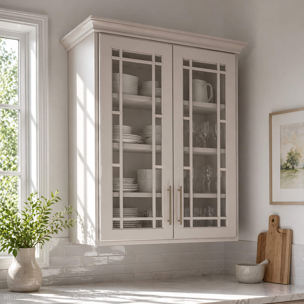 Fairfield mullion glass cabinet doors in kitchen wall cabinets, light painted finish