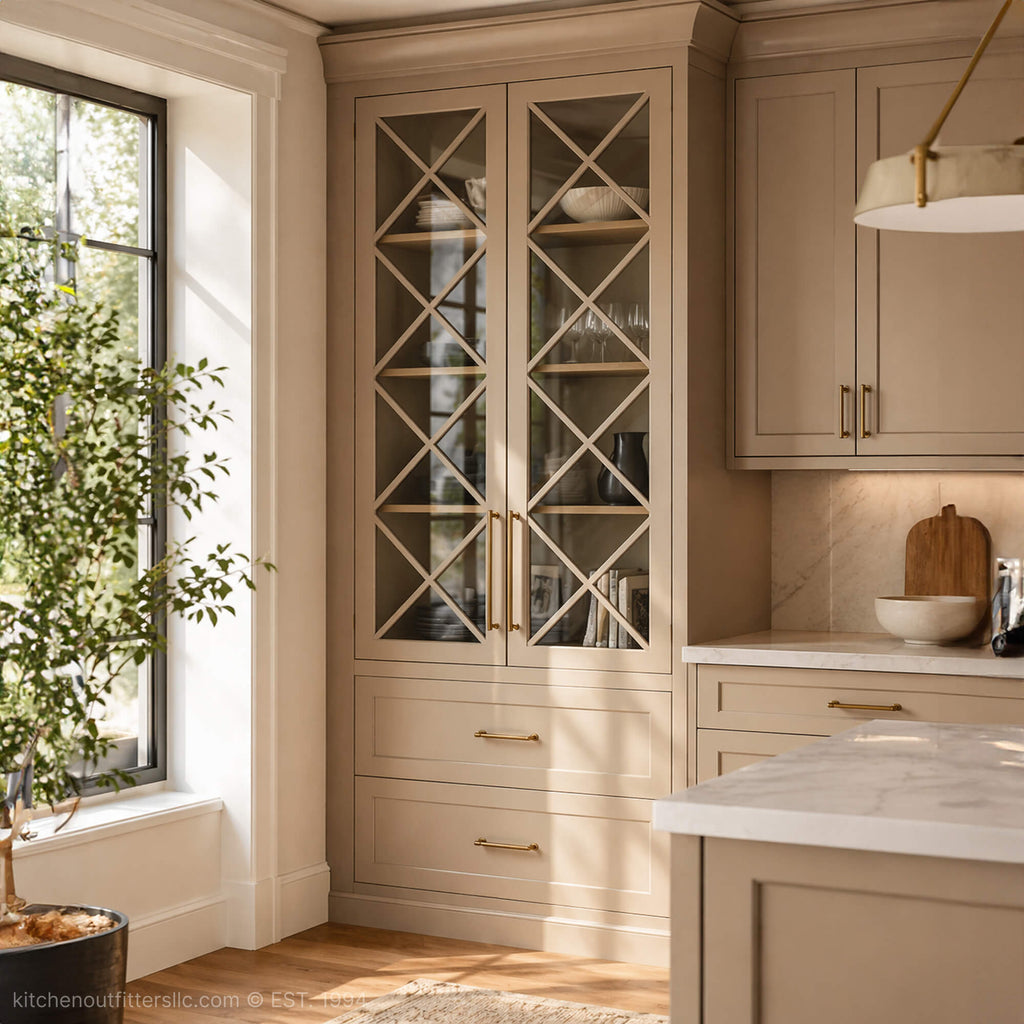 Tall kitchen cabinet with four X mullion glass doors in warm beige finish, modern classic interior