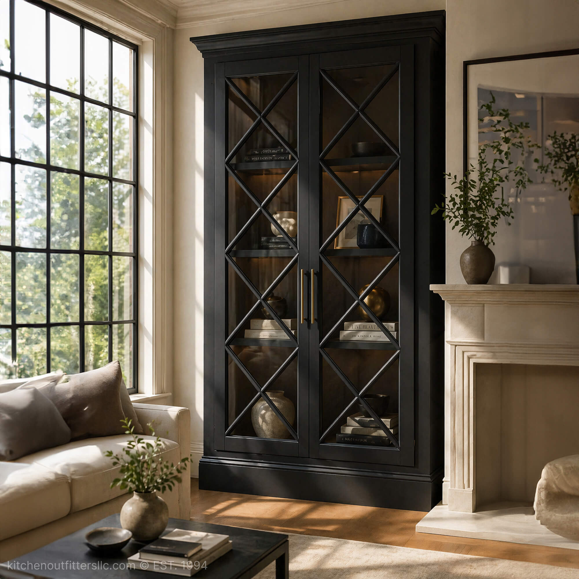 Black display cabinet with four X mullion glass doors in living room, premium modern interior design