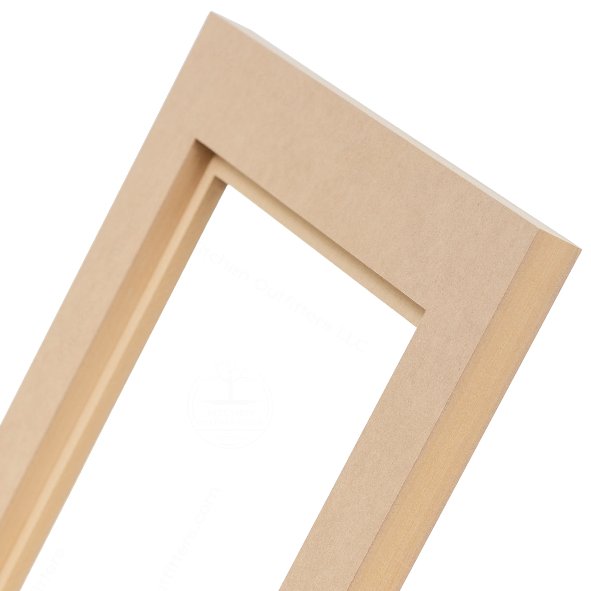 Close-up of Glass-Ready MDF cabinet door corner showing precise joinery and detailed recessed bead profile.