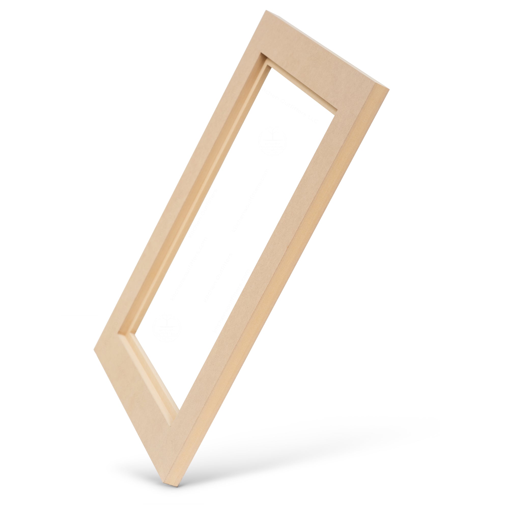 Angled view of Glass-Ready MDF cabinet door frame showing beveled inside edge and smooth primed surface.