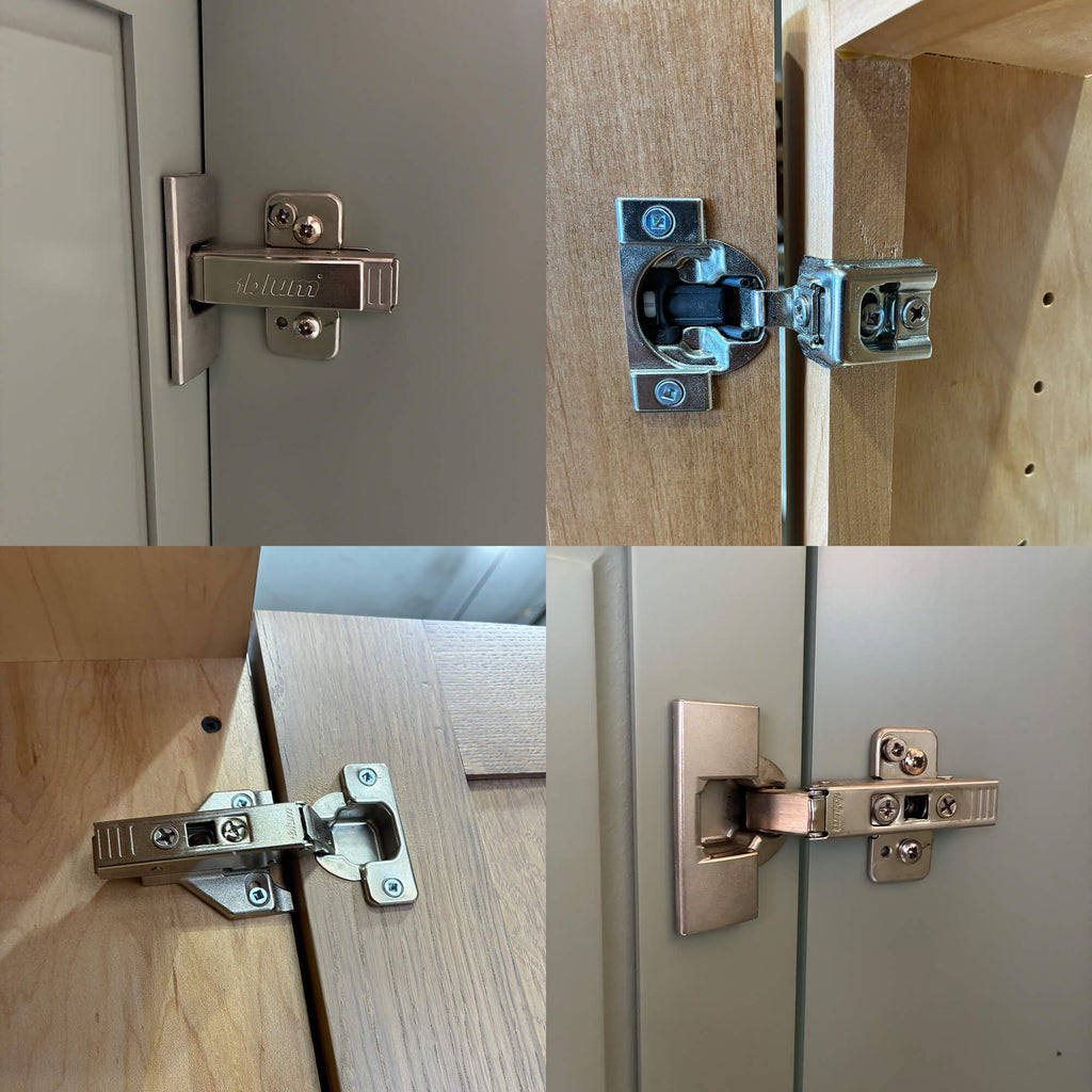 Close-up collage showing Blum self-close hinges installed on cabinet doors and frames.